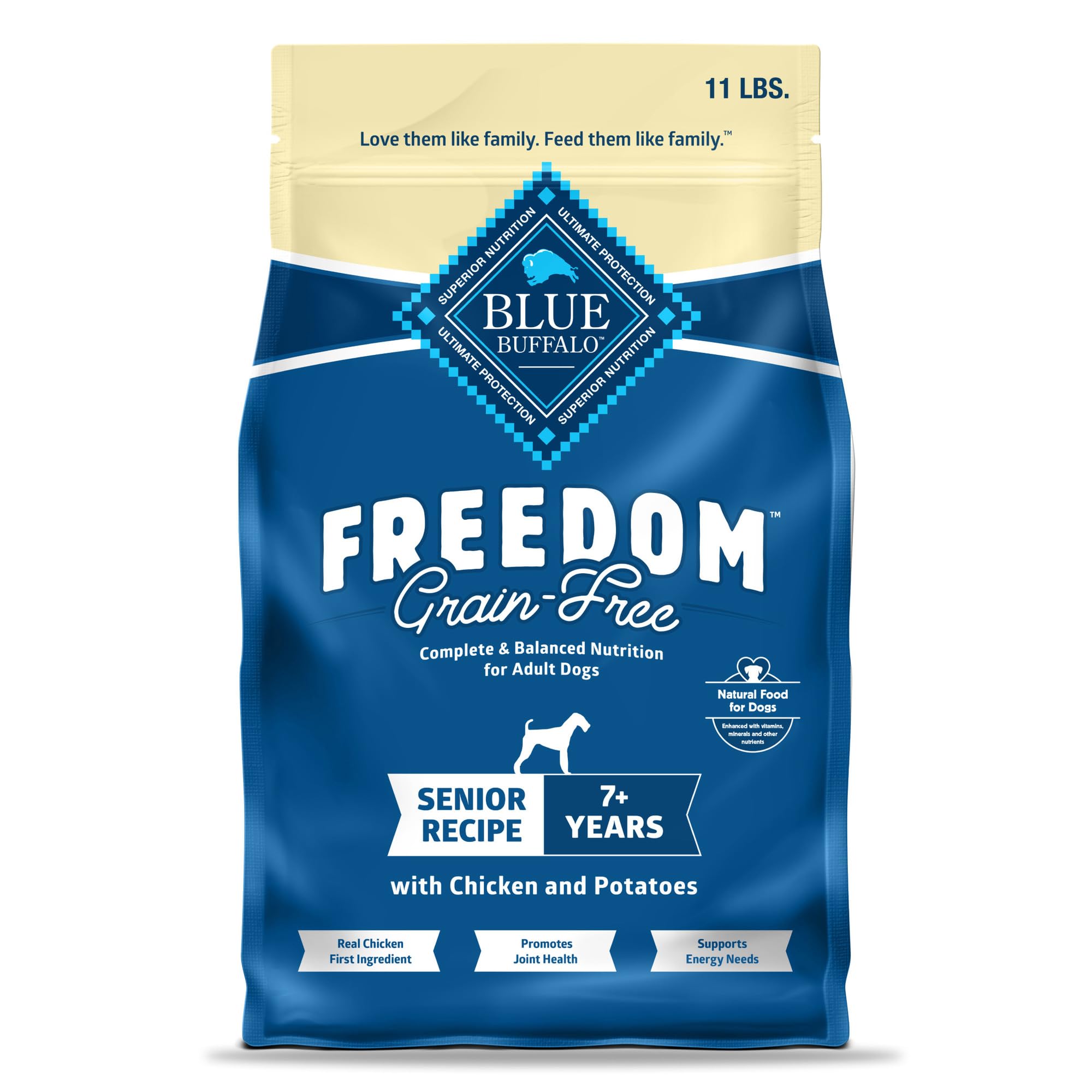 Blue Buffalo sac avant montrant recette senior et bénéfices nutritionnels
