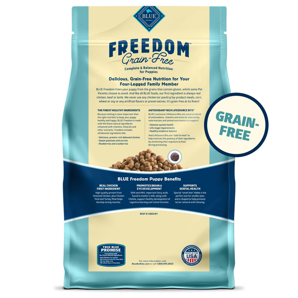 Blue Buffalo dos du sac affichant informations nutritionnelles et avantages digestifs