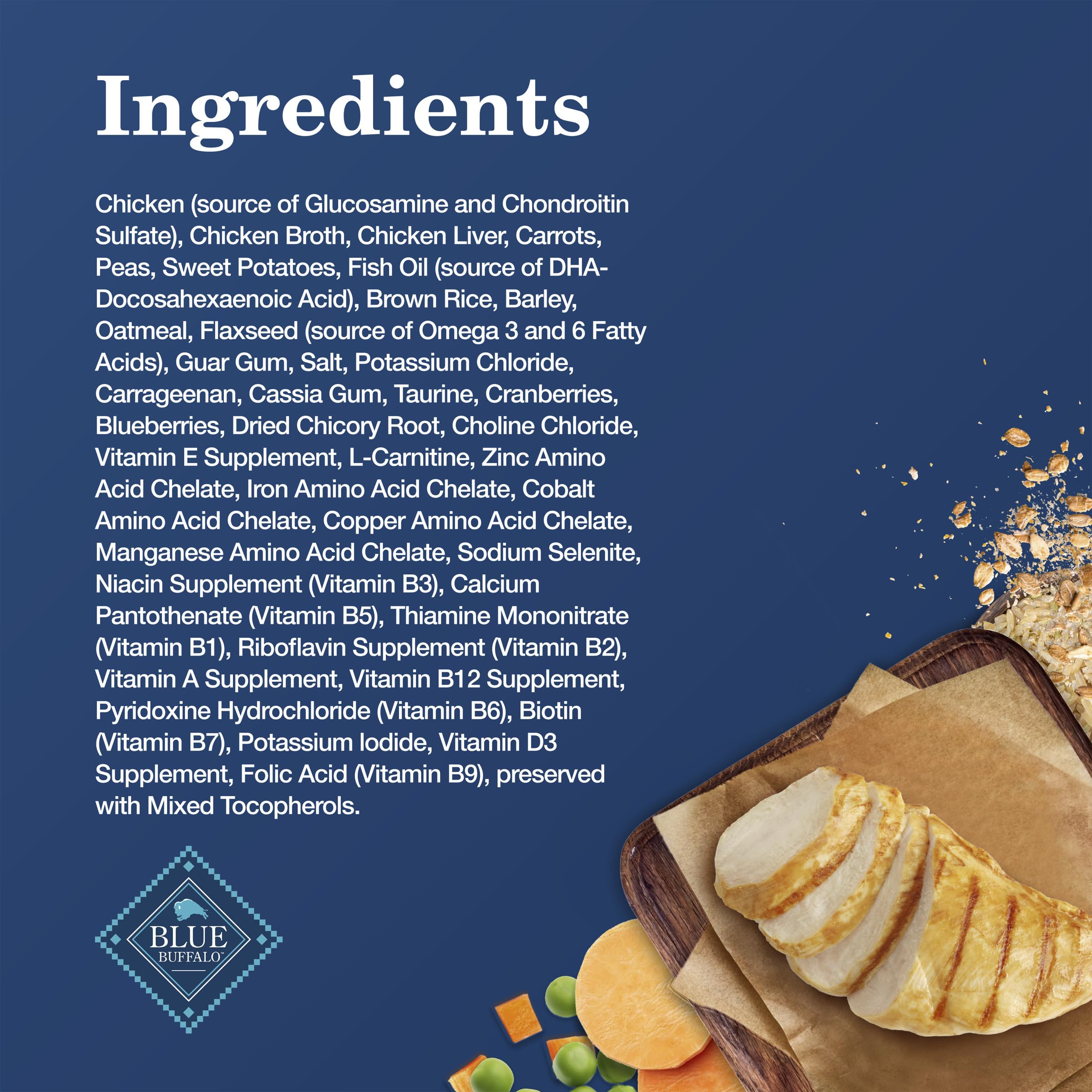Blue Buffalo gros plan sur morceaux de poulet montrant protéine réelle
