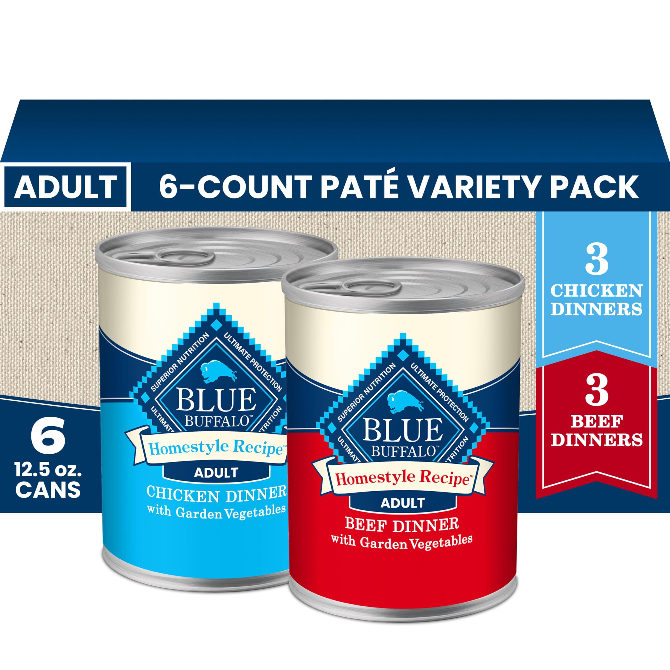 Blue Buffalo étiquette avant montrant recettes variées et bénéfice nutritionnel