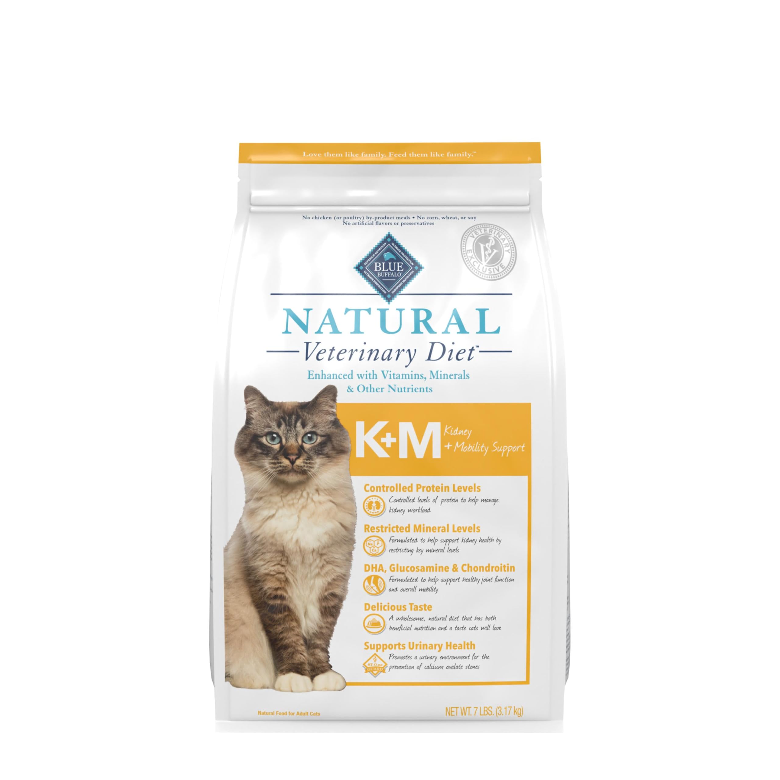 Blue Buffalo sachet face montrant la formule K+M bénéfice gestion rénale