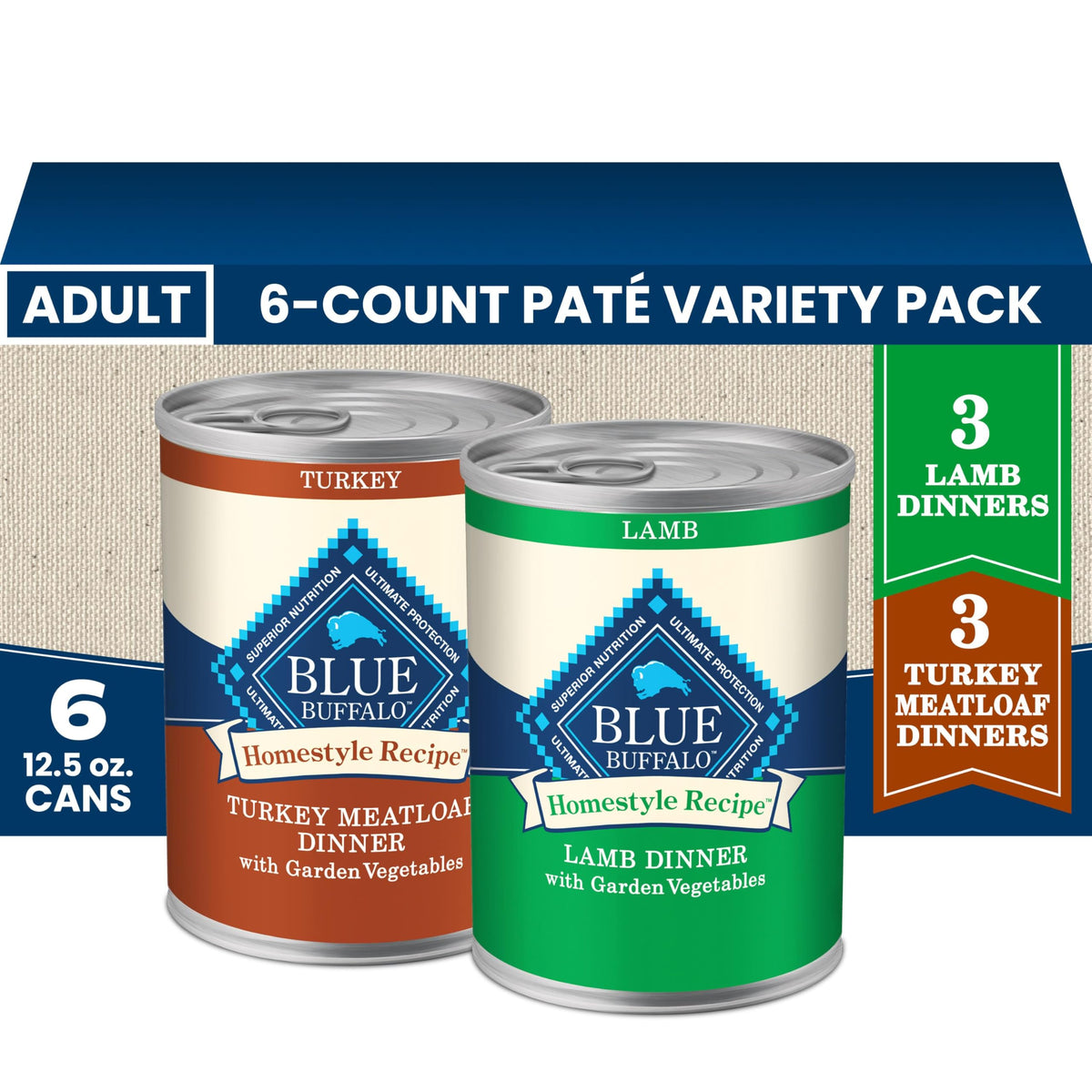 Blue Buffalo pack avant boîte montrant l'assortiment et praticité