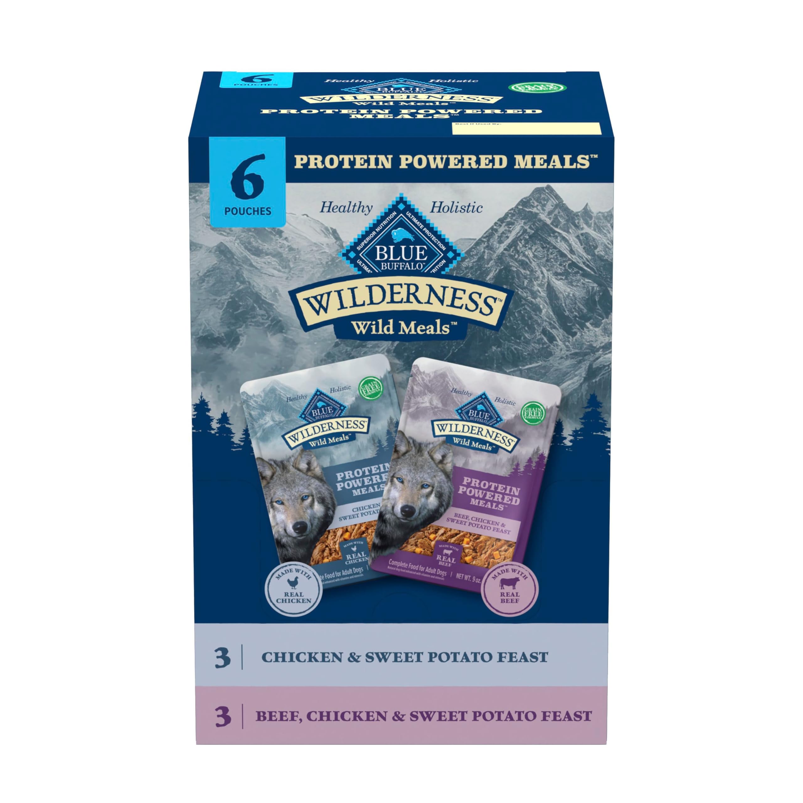 Blue Buffalo emballage avant du variety pack montrant les saveurs et bénéfices