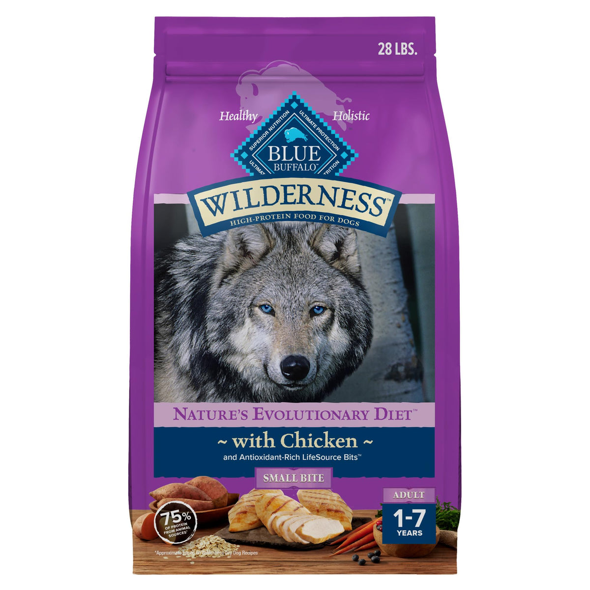 Blue Buffalo paquet avant montrant recette poulet et bénéfices nutritionnels