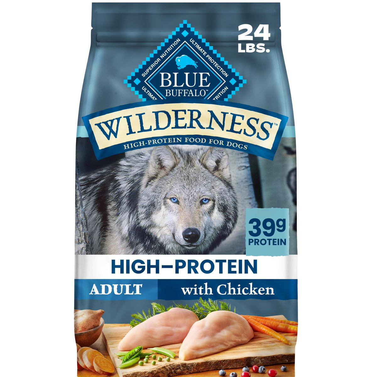 Blue Buffalo paquet face avant 24 lb montrant formulation riche en protéines