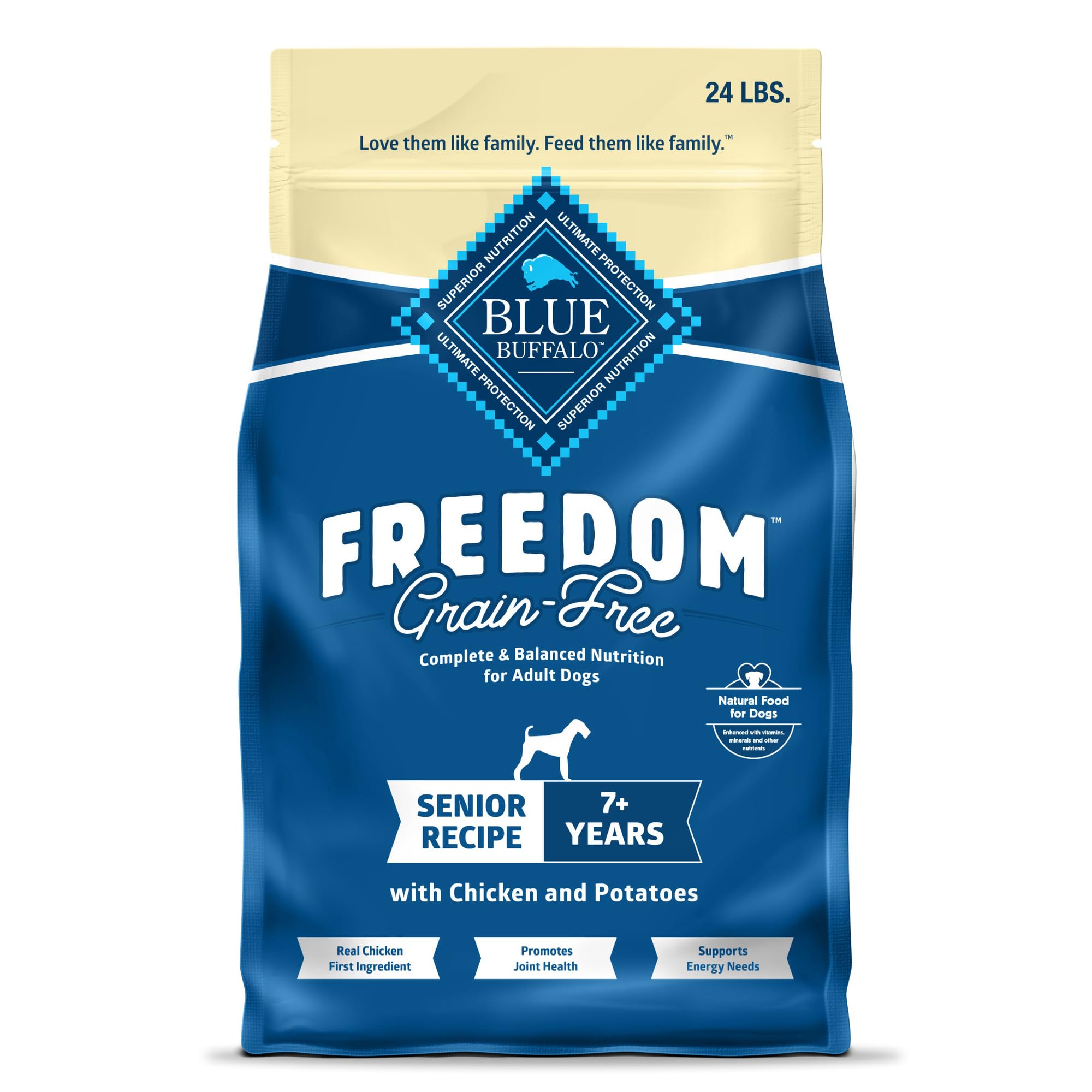 Blue Buffalo paquet face avant montrant la recette pour chiens seniors et bénéfices
