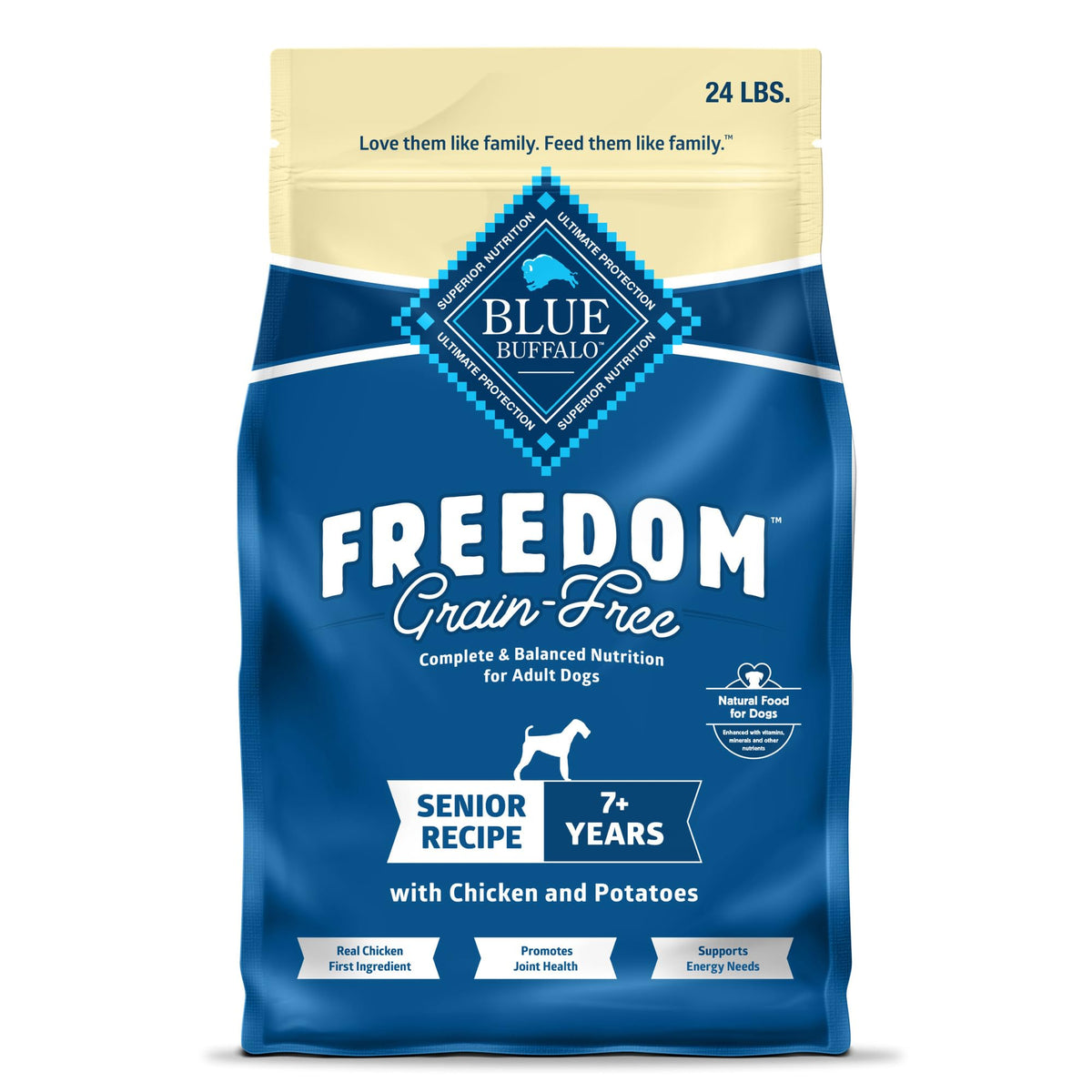 Blue Buffalo paquet face avant montrant la recette pour chiens seniors et bénéfices