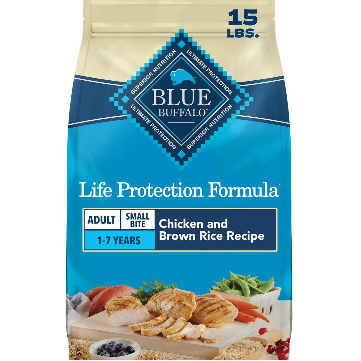 Blue Buffalo paquet face avant montrant la recette poulet bénéfice qualité