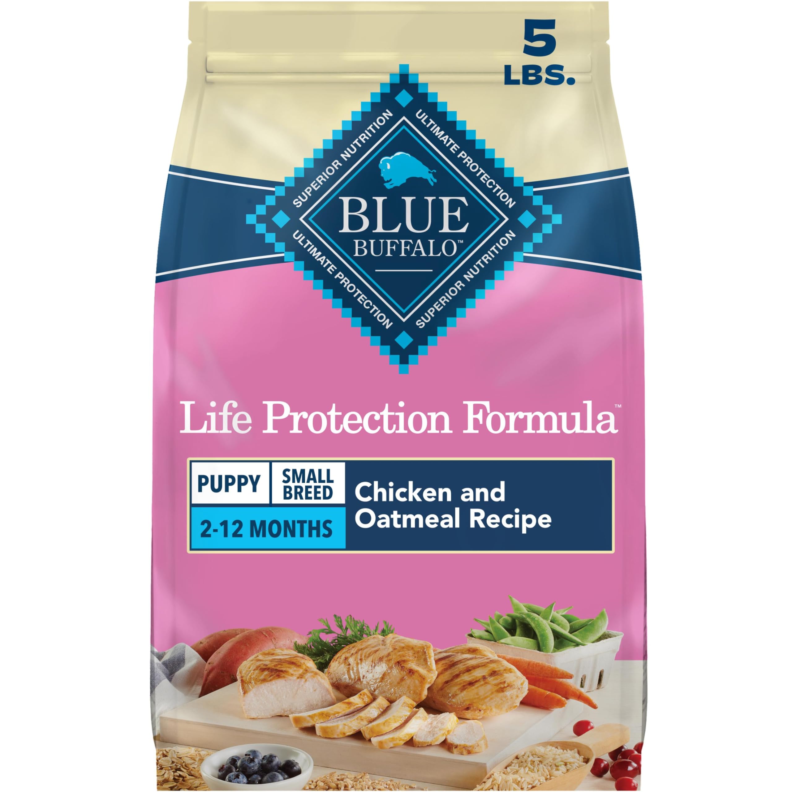 Blue Buffalo sachet avant montrant la recette, bénéfice nutrition claire
