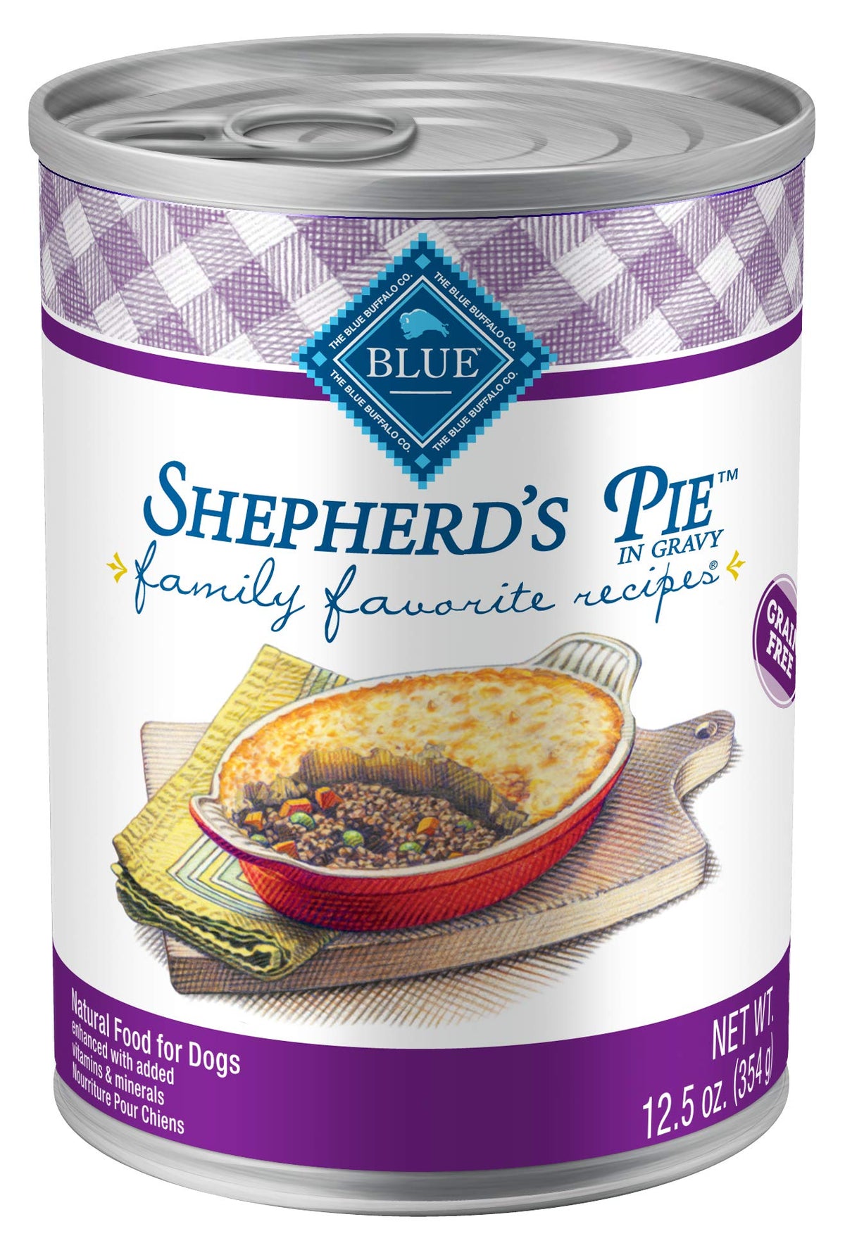 Blue Buffalo boîte face montrant la recette Shepherd's Pie et avantage naturel