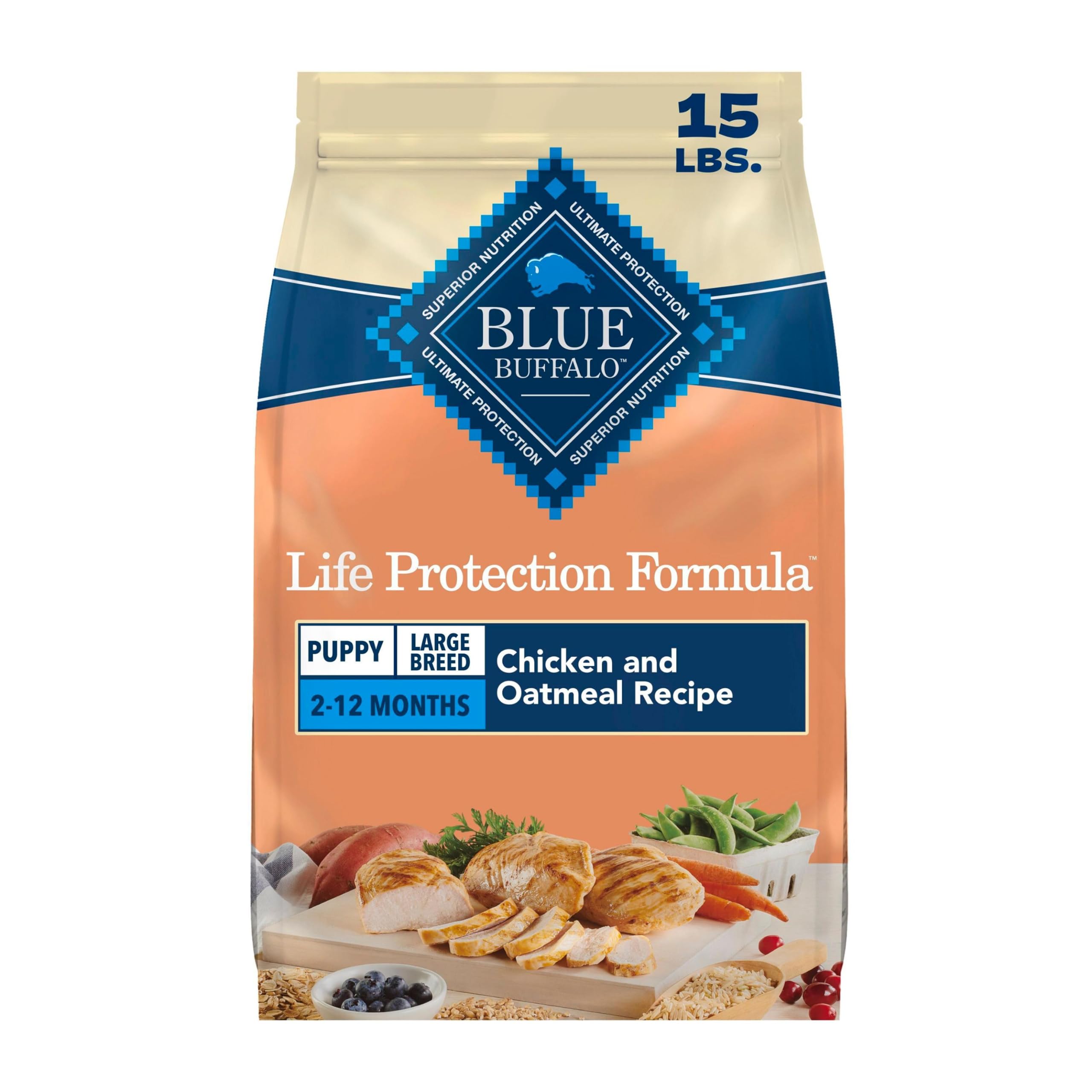 Blue Buffalo sachet avant 15 lb montrant emballage clair et bénéfice nutritionnel