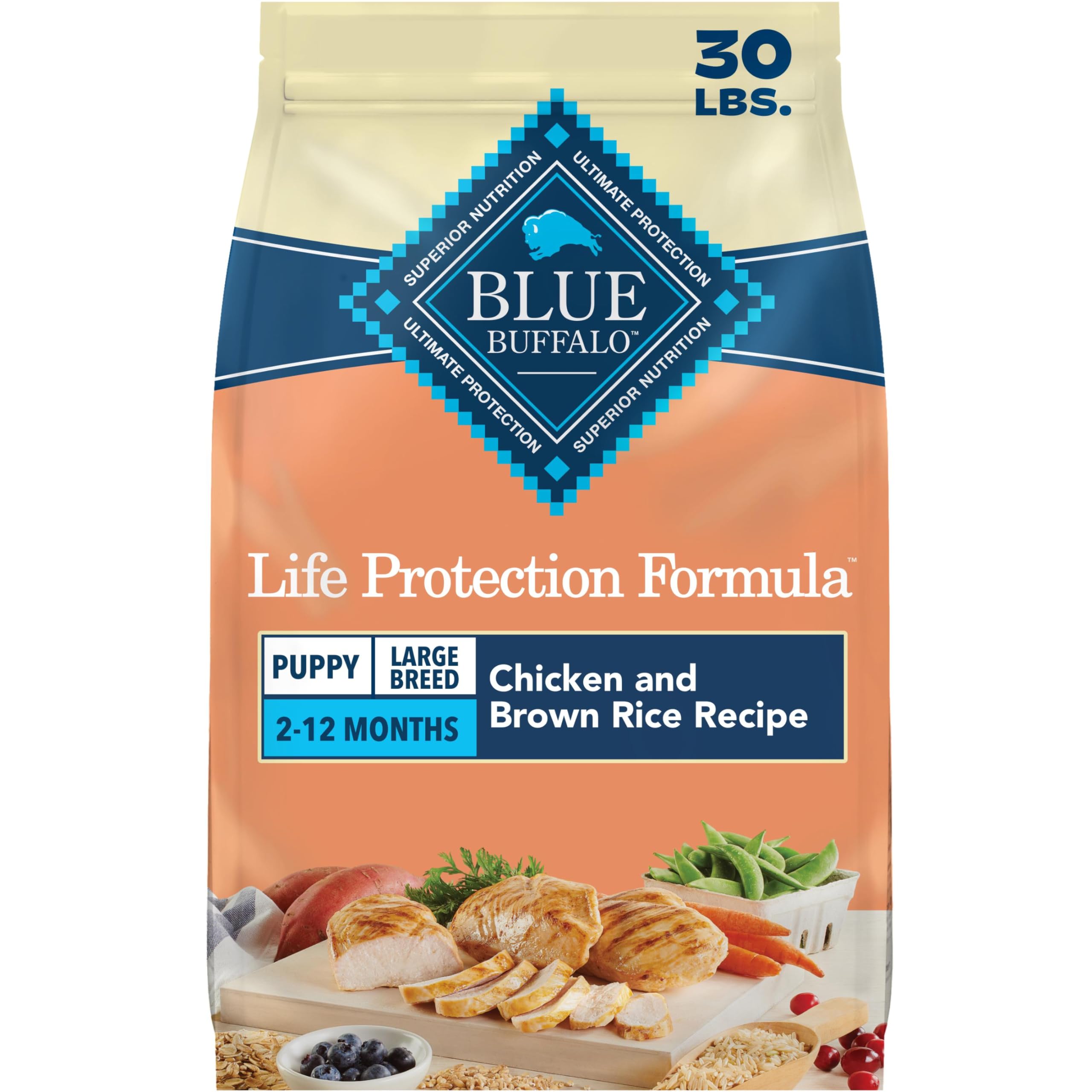 Blue Buffalo sac avant poulet 30 lb affichant informations nutritionnelles et bénéfice croissance