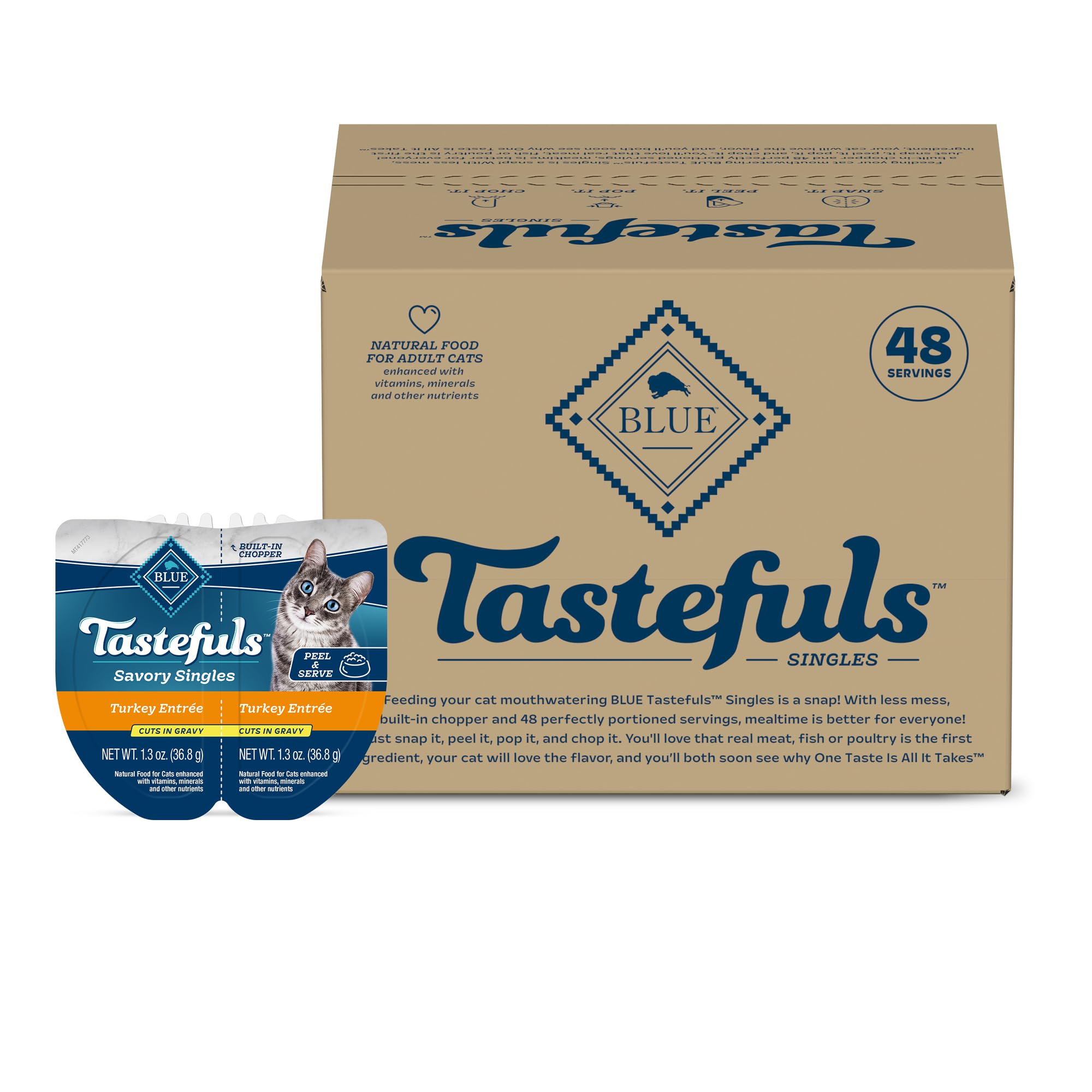 Blue Buffalo emballage avant montrant portions pratiques et ingrédients reconnaissables