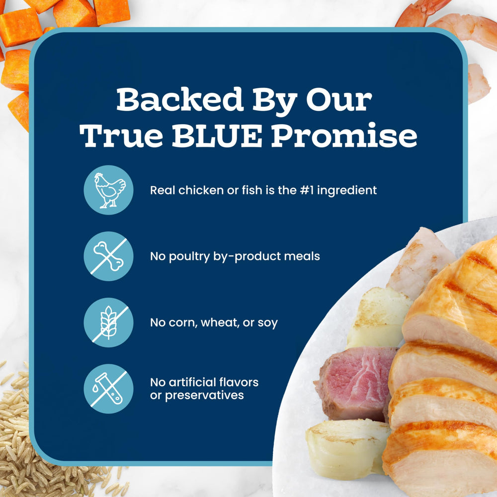 Blue Buffalo gros plan poulet indiquant protéine réelle et saveur