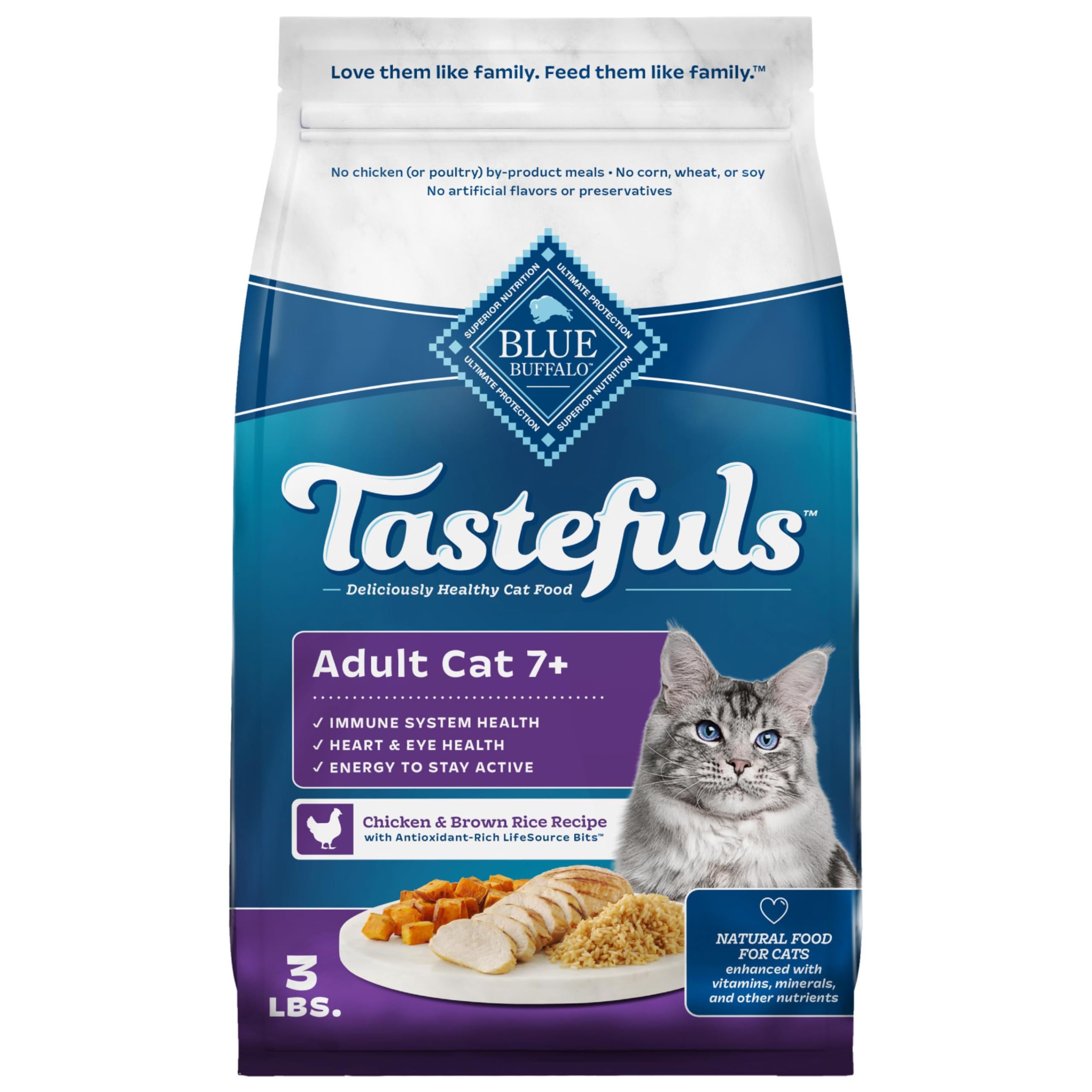 Blue Buffalo sachet 3 lb montrant emballage et bénéfices nutritionnels