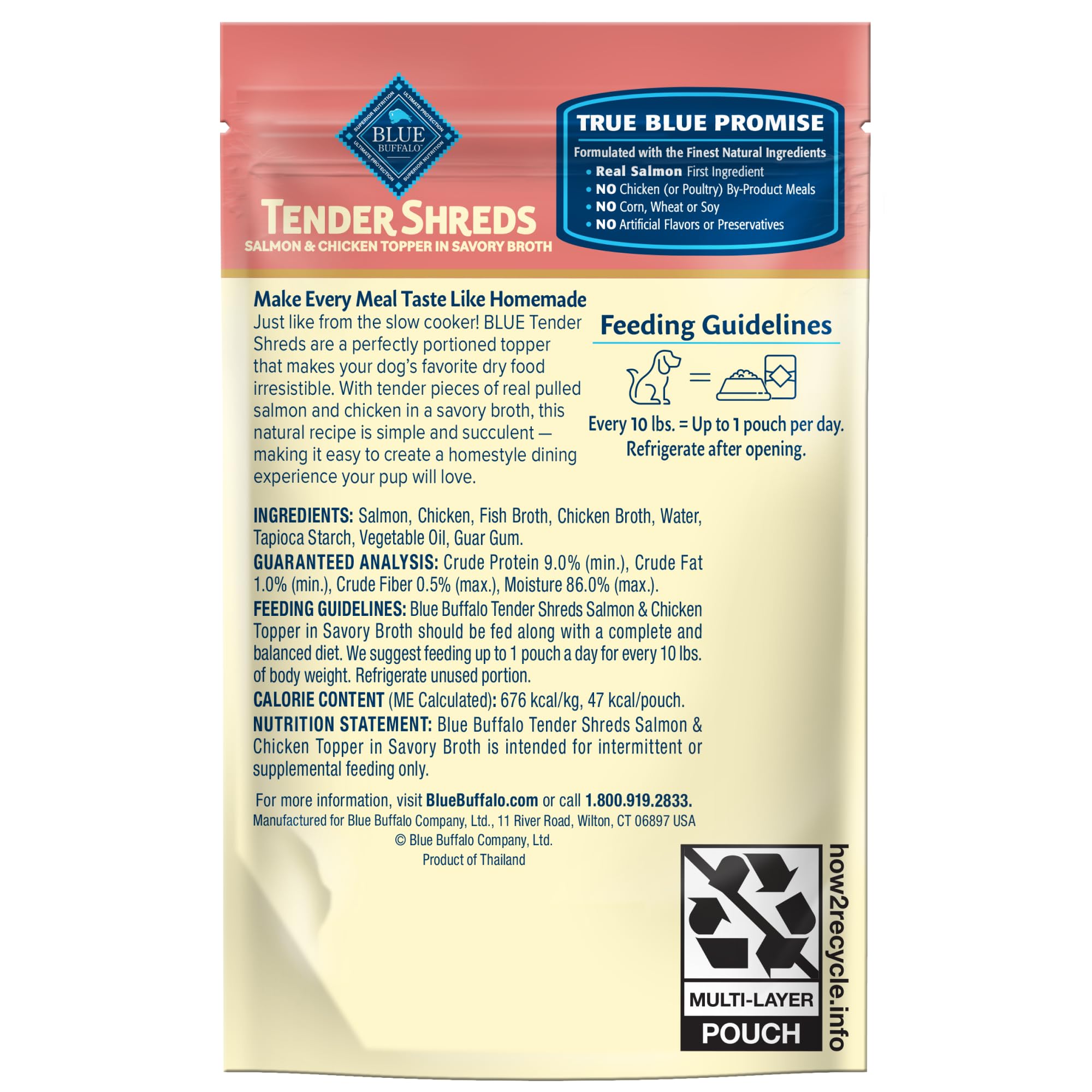 Blue Buffalo sachet ouvert révélant morceaux tendres et bouillon appétissant
