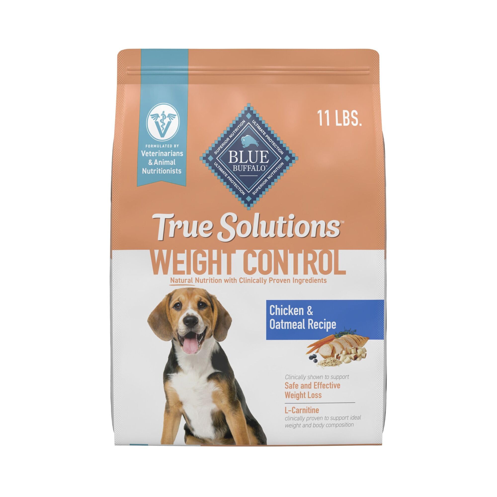 Blue Buffalo emballage avant montrant la recette Weight Control au poulet, rassurante