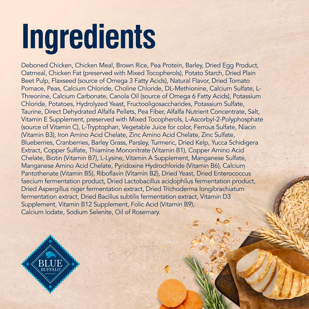 Blue Buffalo ingrédients listés avec poulet en vedette pour soutien digestif naturel
