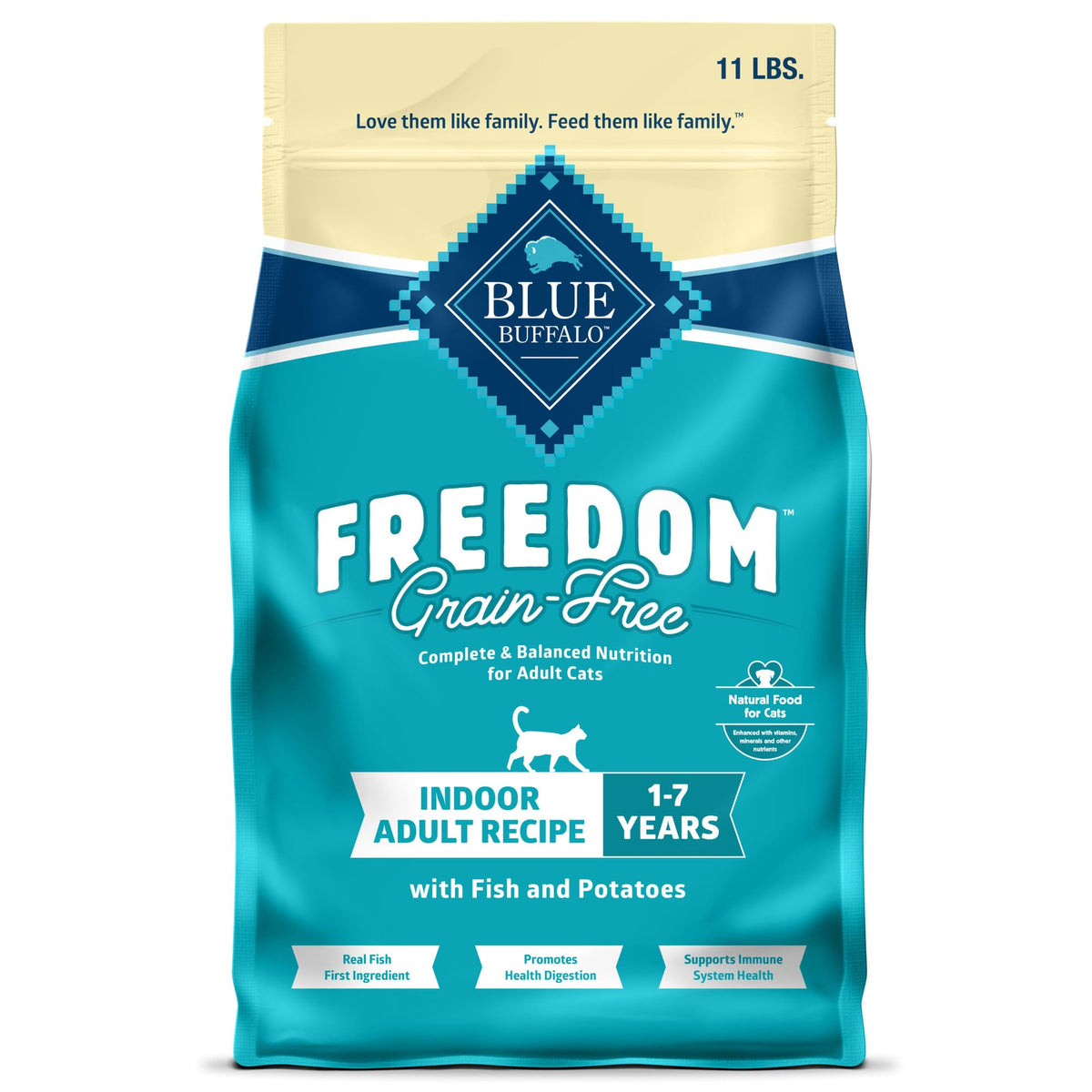 Blue Buffalo devant du paquet montrant recette whitefish et bénéfice nutritionnel