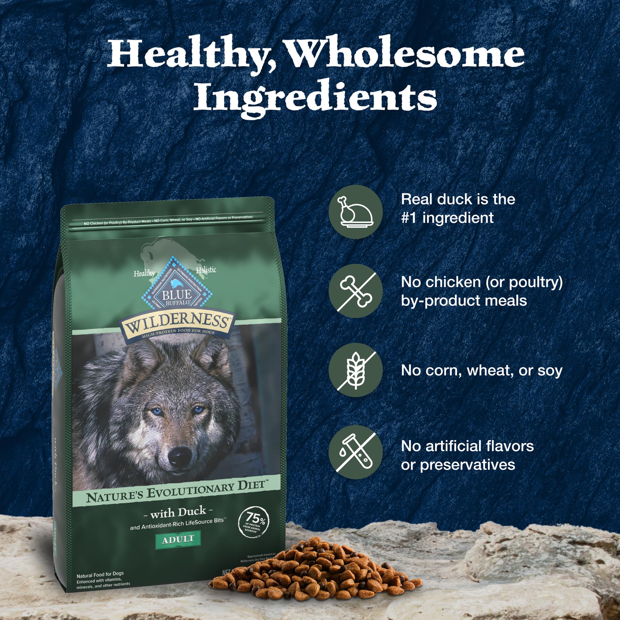 Blue Buffalo gros plan sur ingrédients naturels montrant qualité des grains