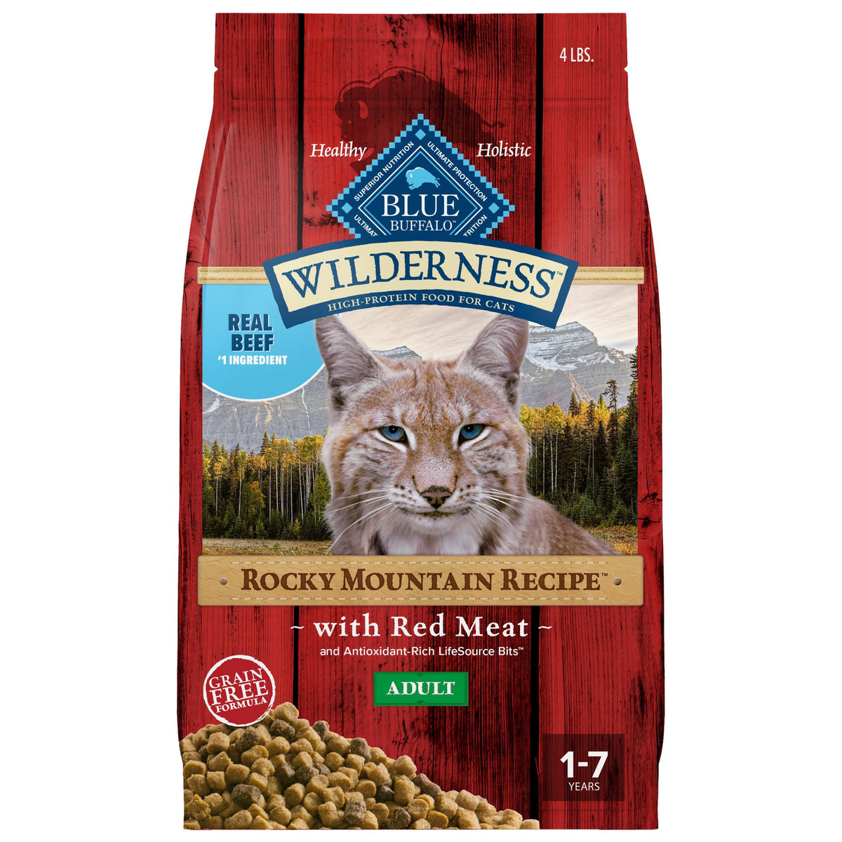 Blue Buffalo emballage avant montrant recette Rocky Mountain et bénéfice protéique