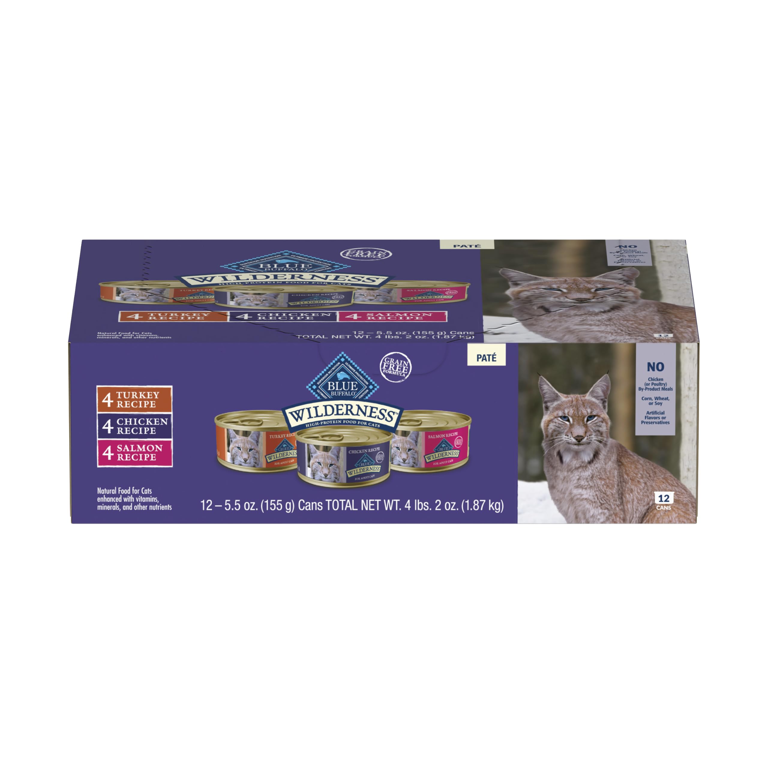 Blue Buffalo emballage Wilderness pack varié montrant design et saveurs