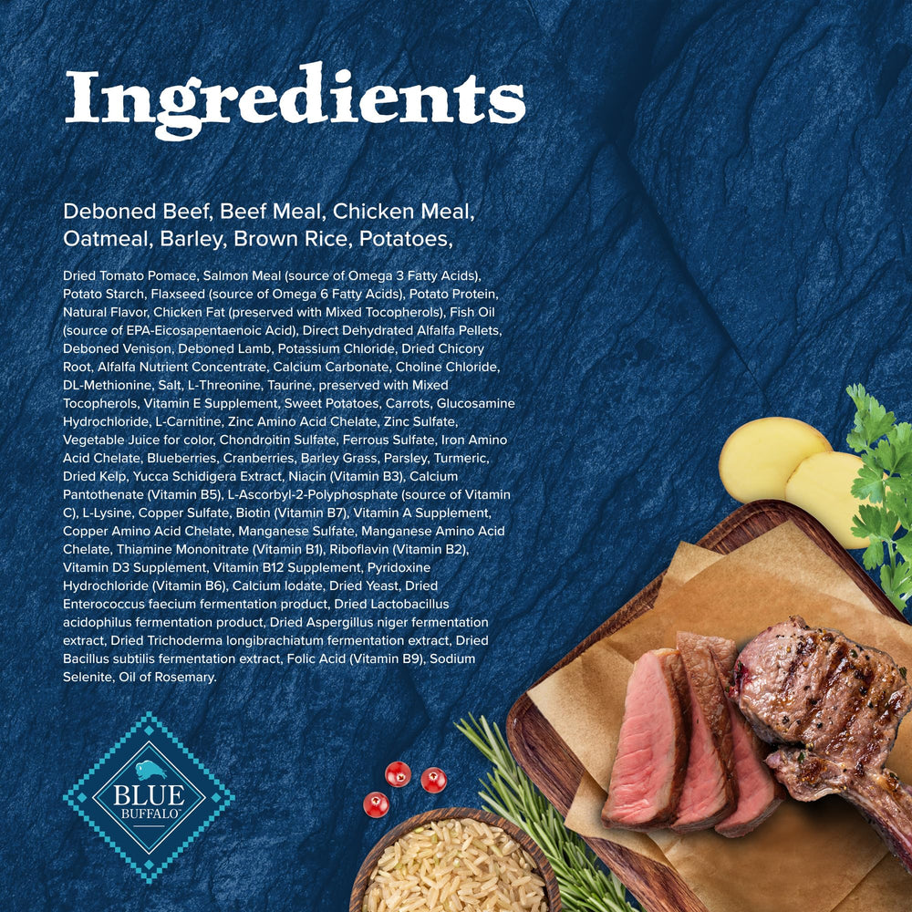 Blue Buffalo assortiment de bœuf, venaison et agneau illustrant protéines réelles