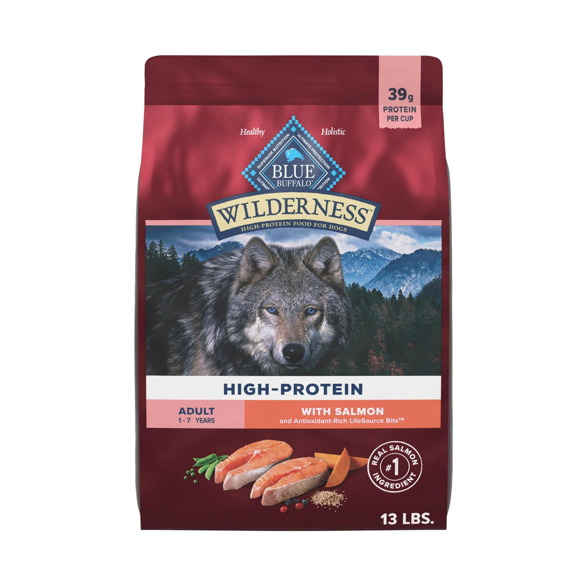 Blue Buffalo paquet face montrant l’étiquette et bénéfice nutritionnel