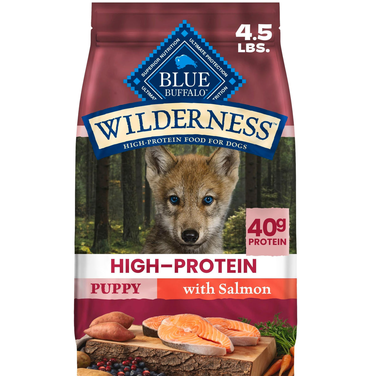 Blue Buffalo emballage avant montrant recette au saumon et bénéfice nutritionnel