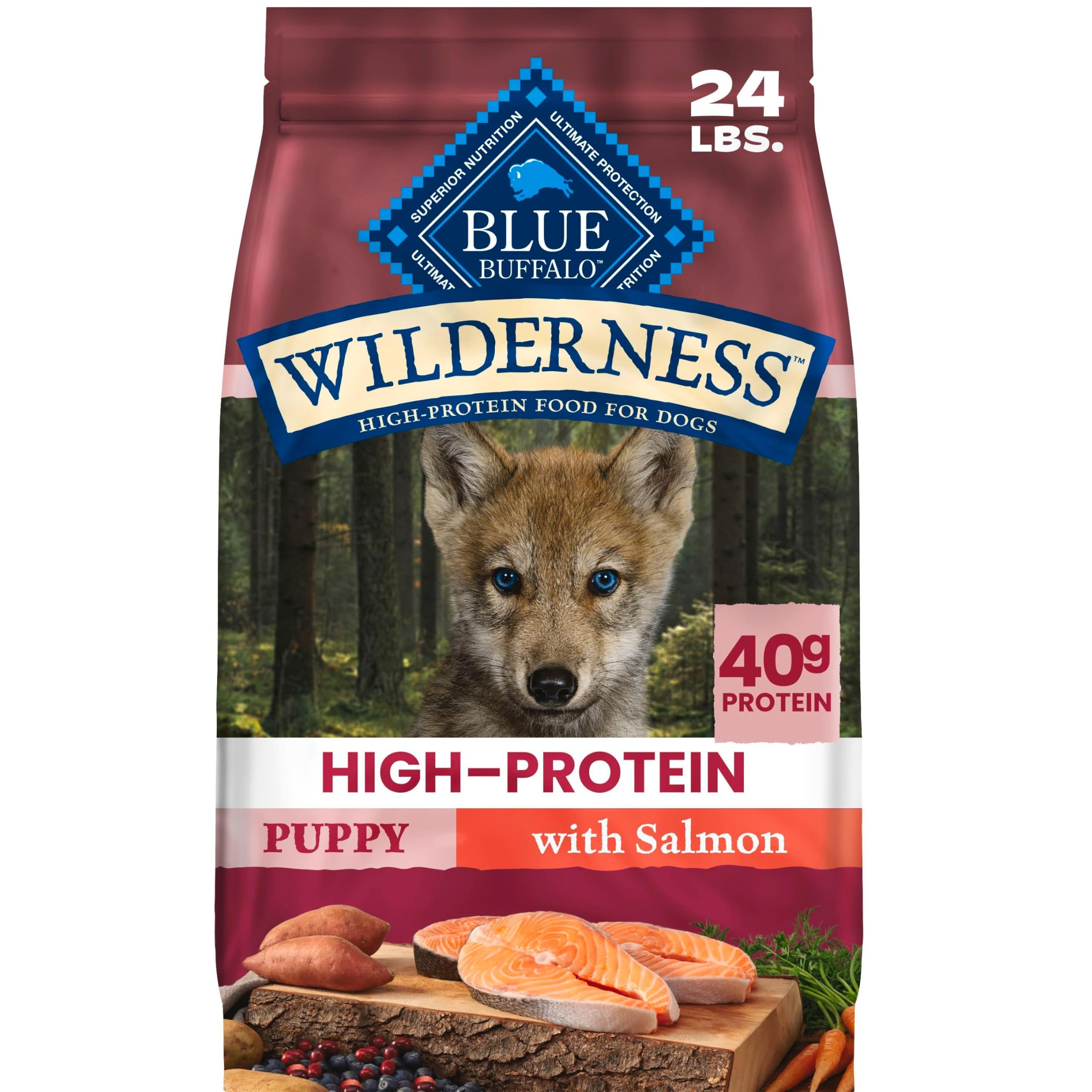 Blue Buffalo sachet face montrant formulation puppy et bénéfice nutritionnel