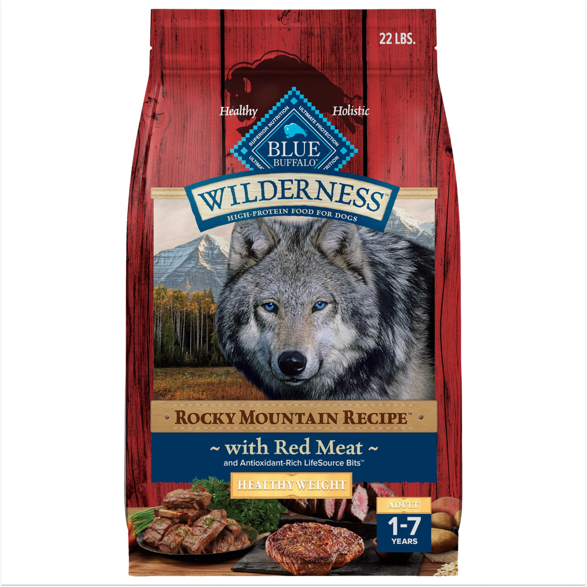 Blue Buffalo sac avant montrant recette Rocky Mountain et bénéfice contrôle poids