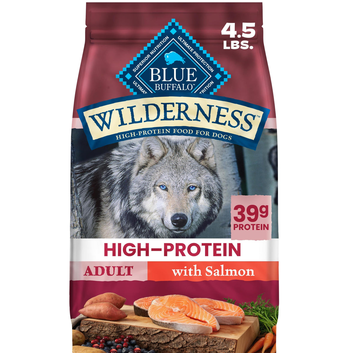 Blue Buffalo emballage avant montrant saumon et bénéfices nutritifs