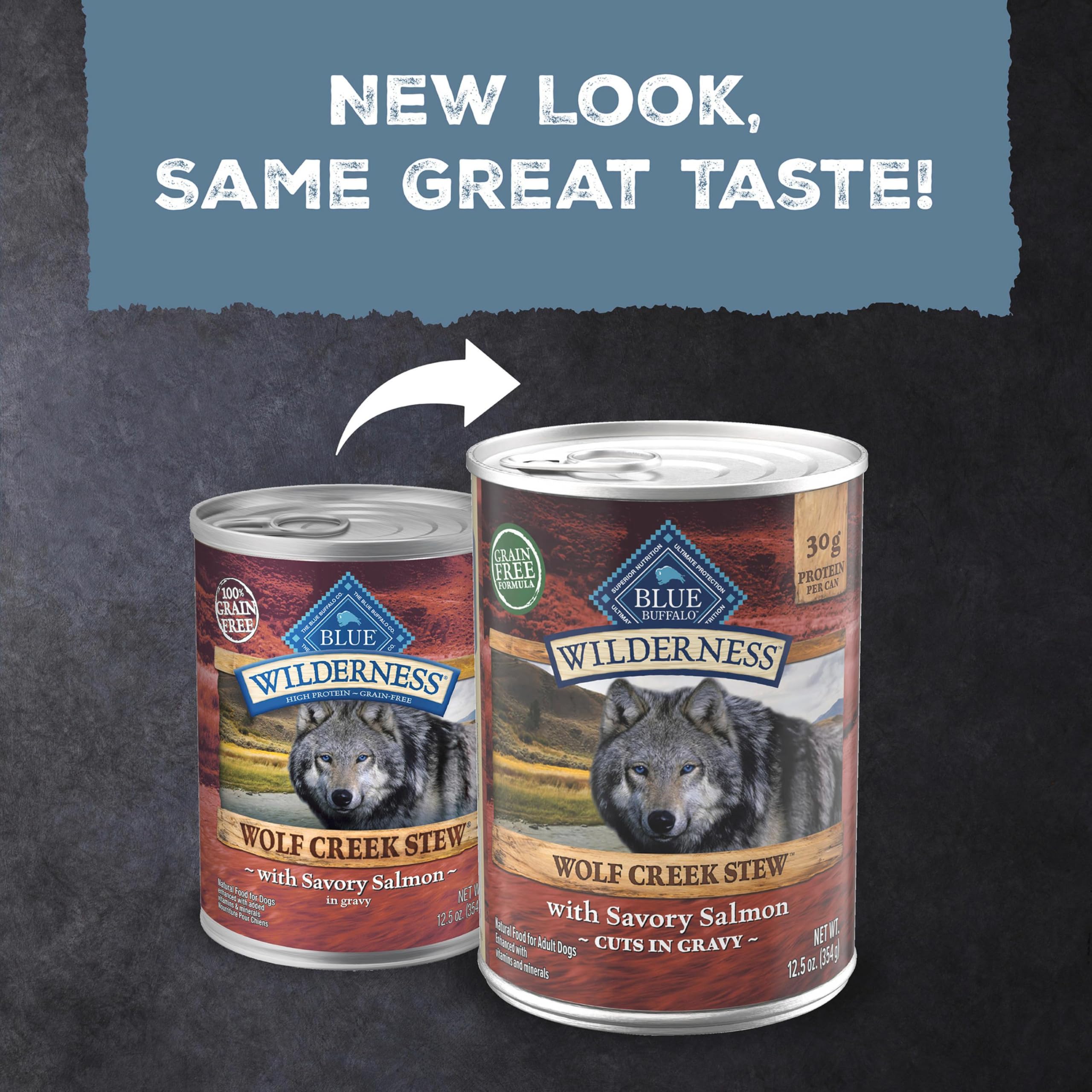Blue Buffalo boîte ouverte révélant saumon en sauce et attractivité pour chien