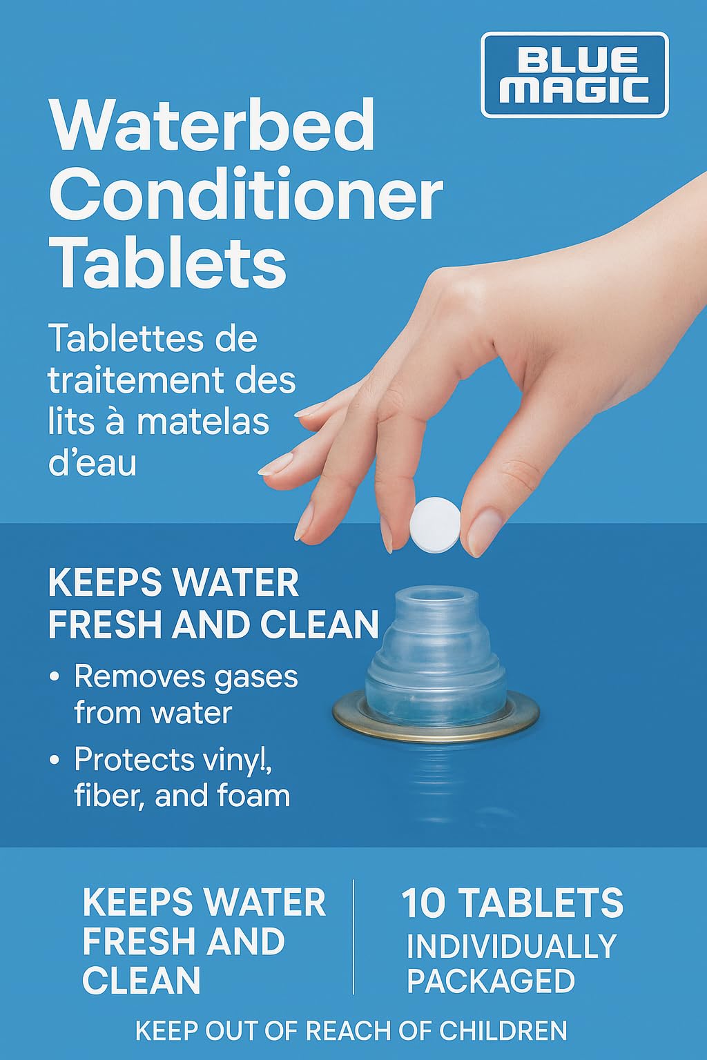 Blue Magic comprimé en usage dans lit d'eau illustrant application propre