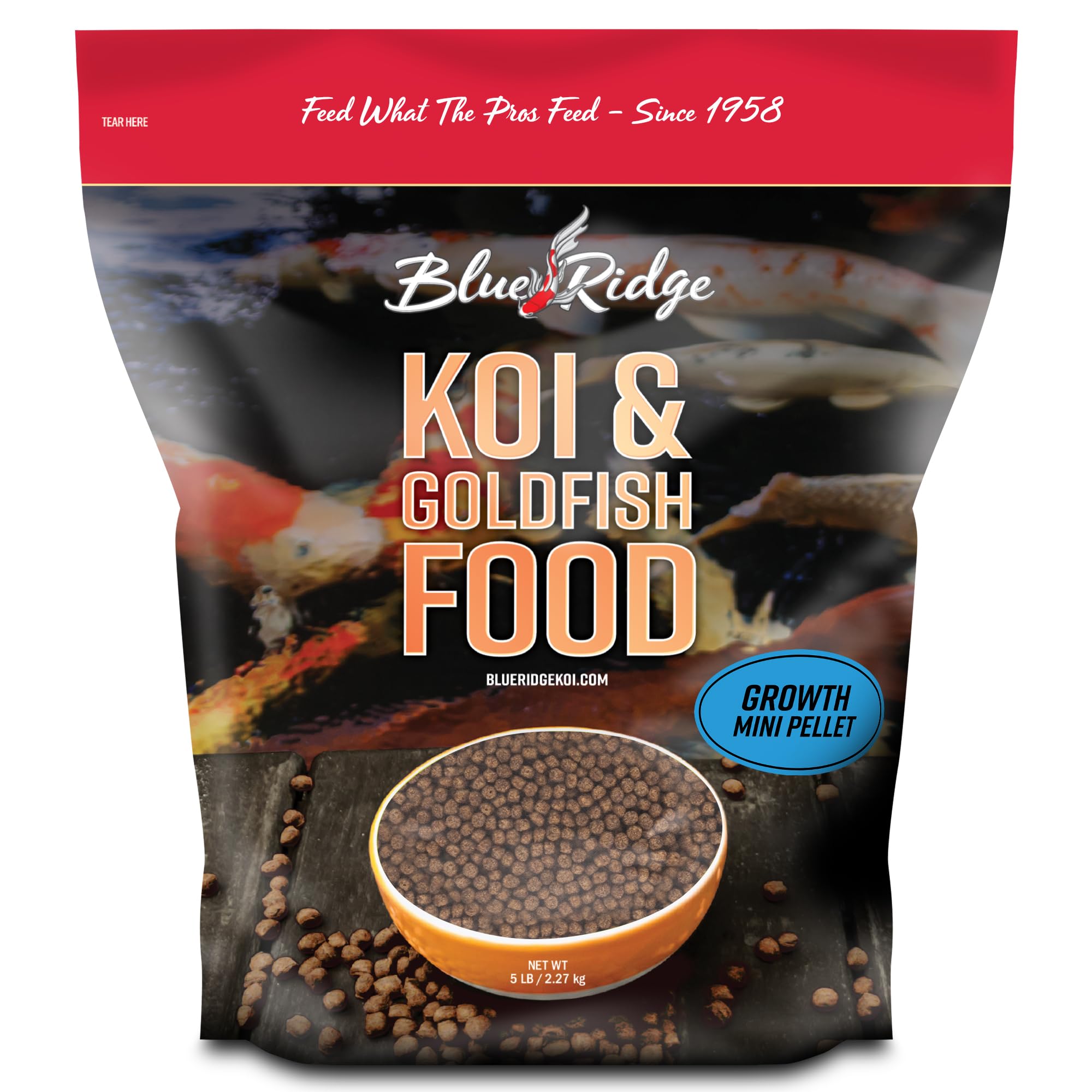 Blue Ridge Koi emballage avant montrant sac 5 lb et information produit pour confiance