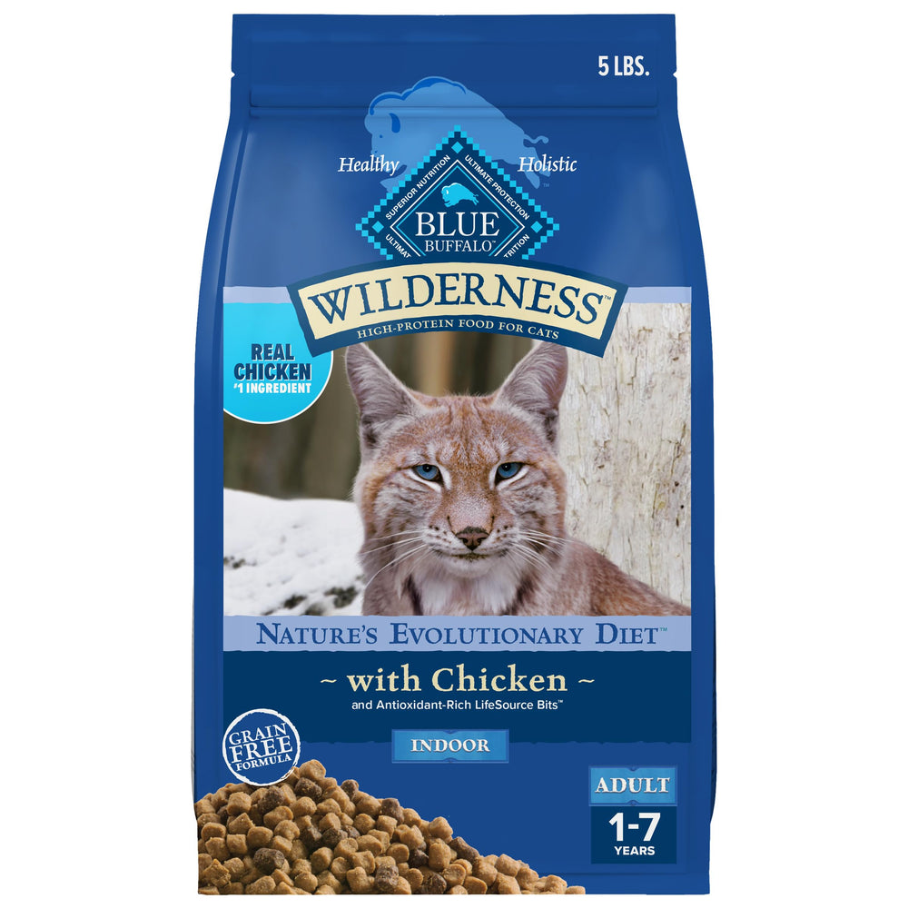 BLUE WILDERNESS emballage avant montrant la recette poulet et bénéfice nutritionnel