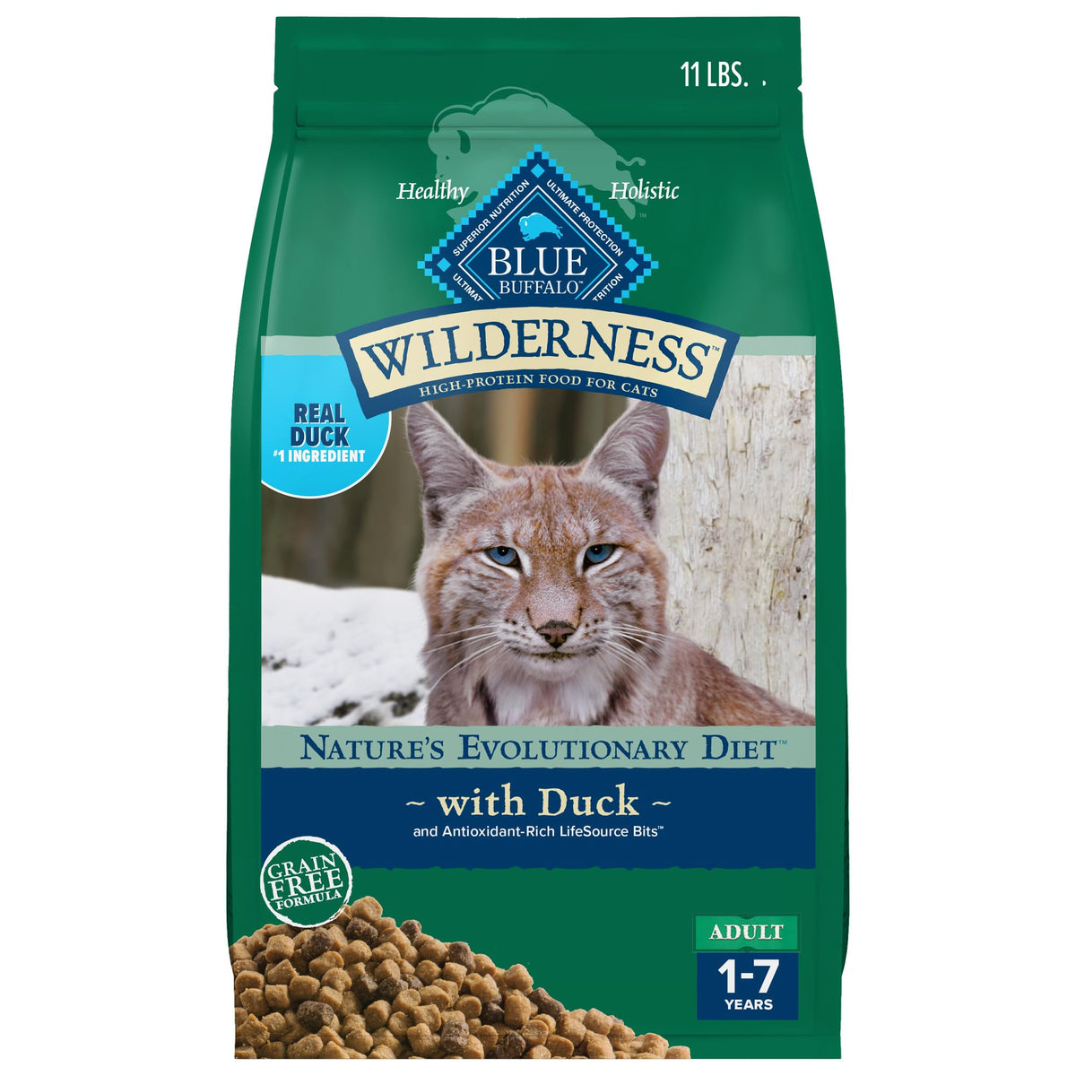 Blue Wilderness emballage avant mettant en valeur le canard et la haute protéine