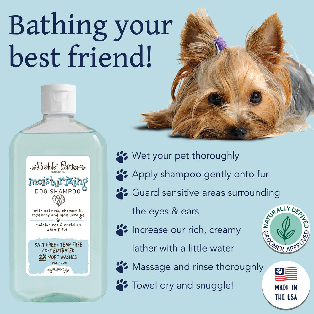 Bobbi Panter application sur chien montrant mousse légère, bénéfice rinçage rapide et efficace
