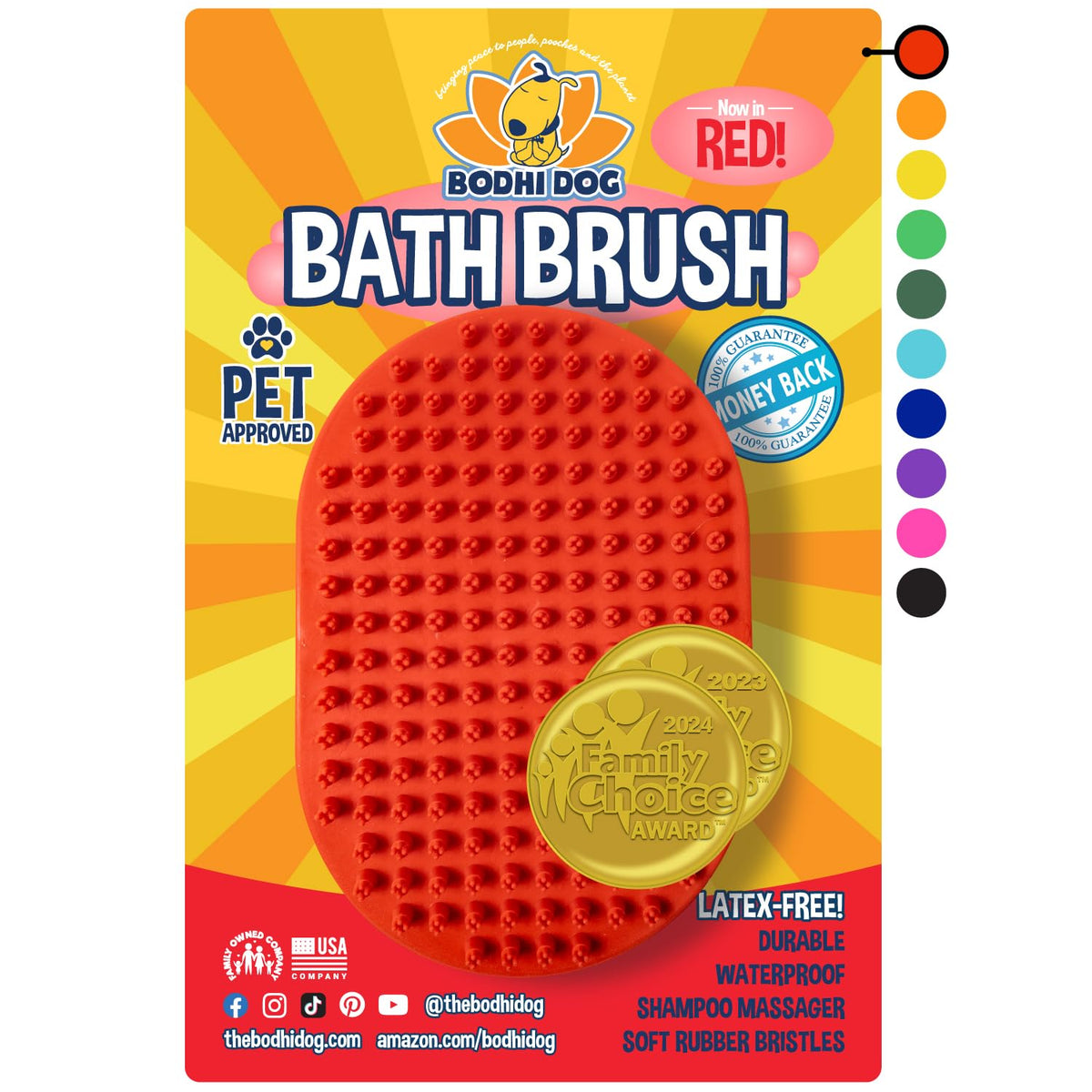 Bodhi Dog vue frontale de la brosse rouge montrant la forme ergonomique et facilité d'utilisation