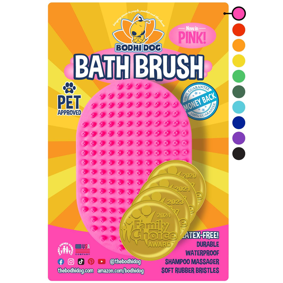 Bodhi Dog vue de face de la brosse rose montrant la forme ergonomique pour un bain plus rapide