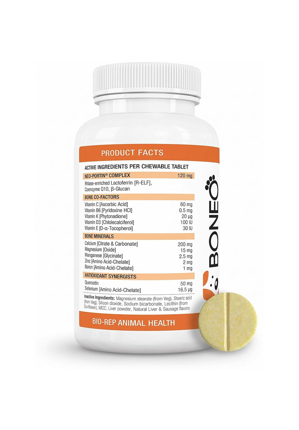 Boneo comprimé gros plan montrant forme et couleur, facilite l'acceptation par le chien