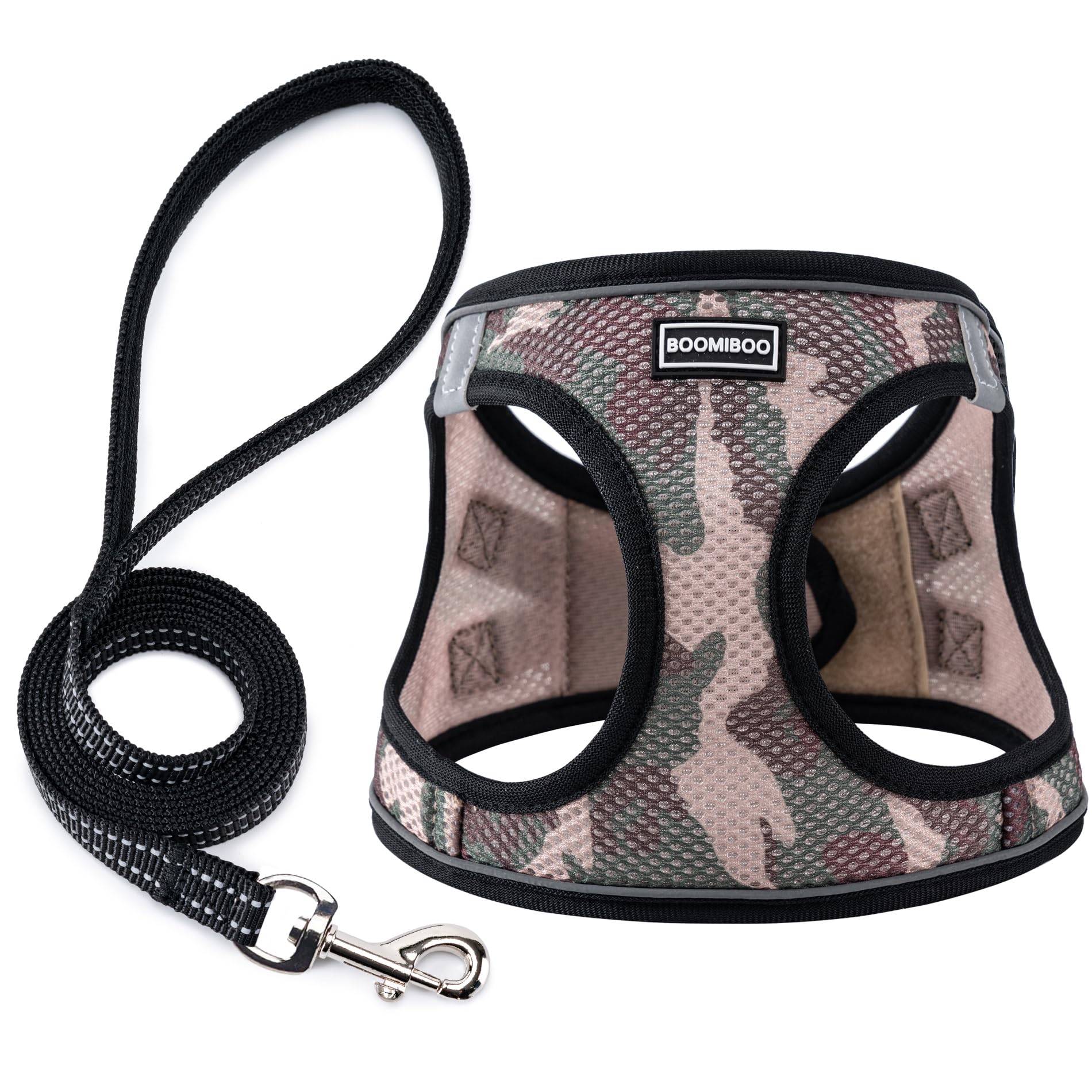BOOMIBOO harnais face avant montrant coupe step-in et look camouflage pour contrôle