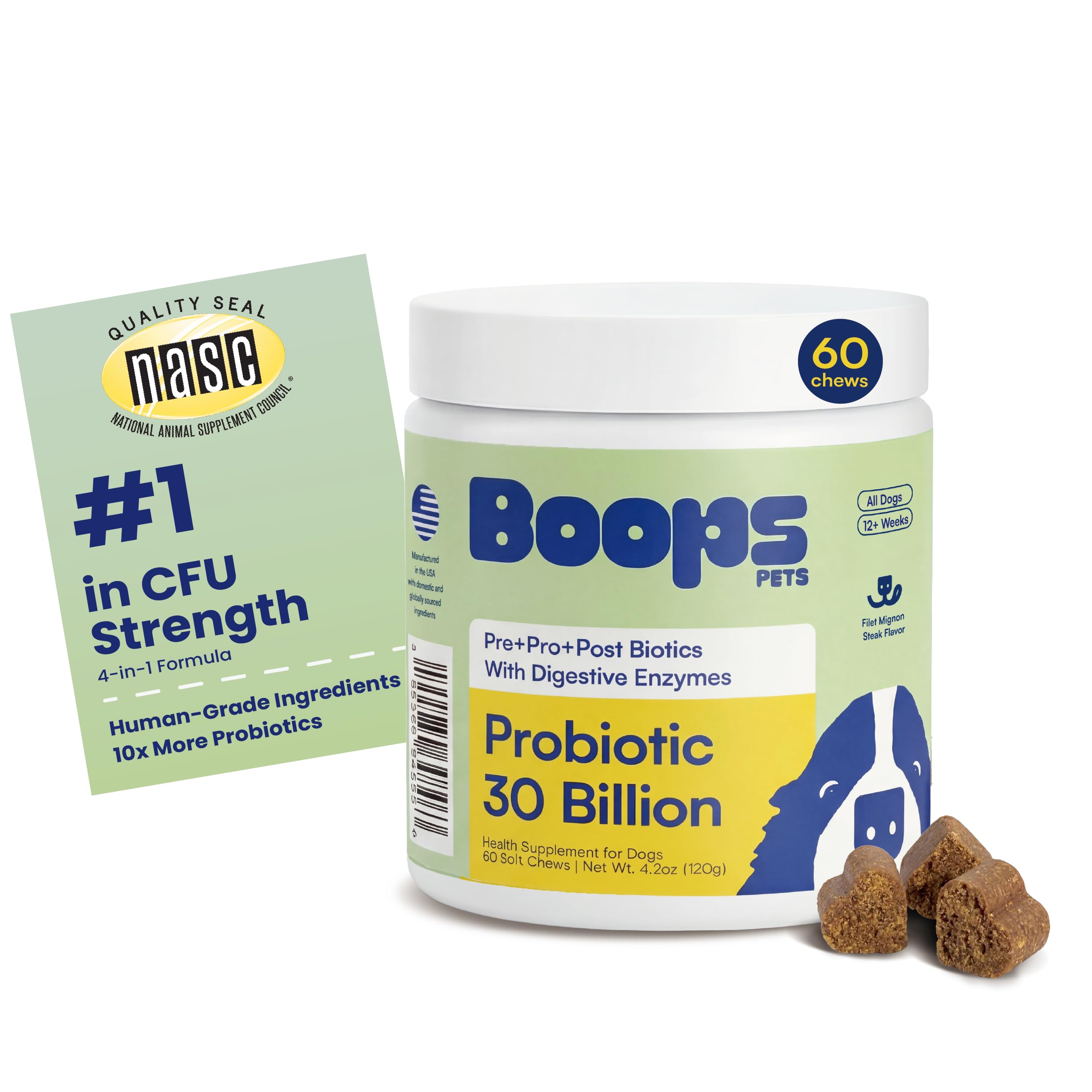 Boops Pets emballage avant montrant la saveur filet mignon et bénéfice digestif