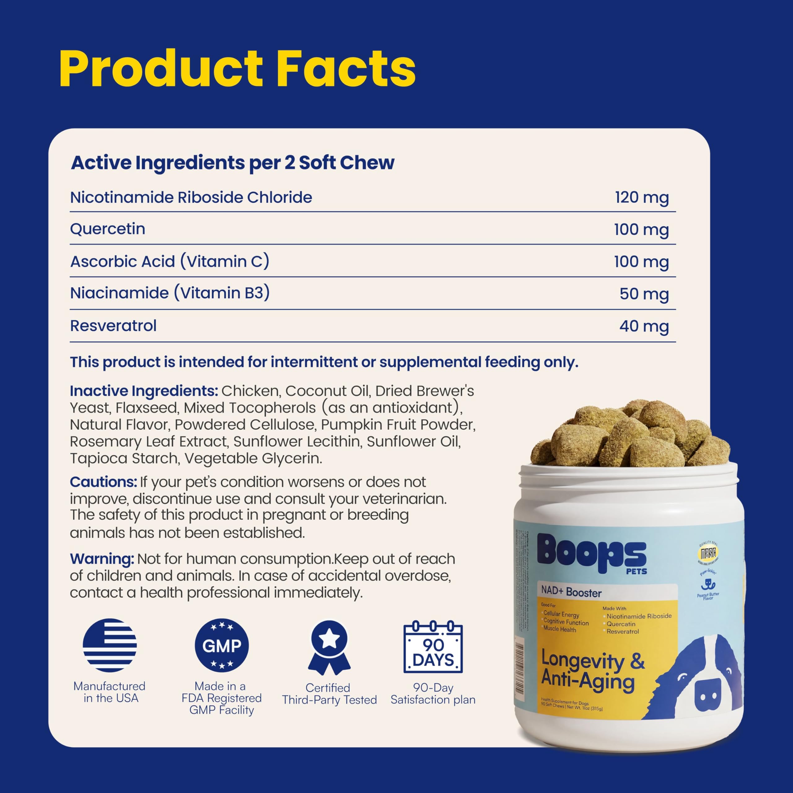 Boops Pets packaging avec labels NASC et GMP pour assurance qualité