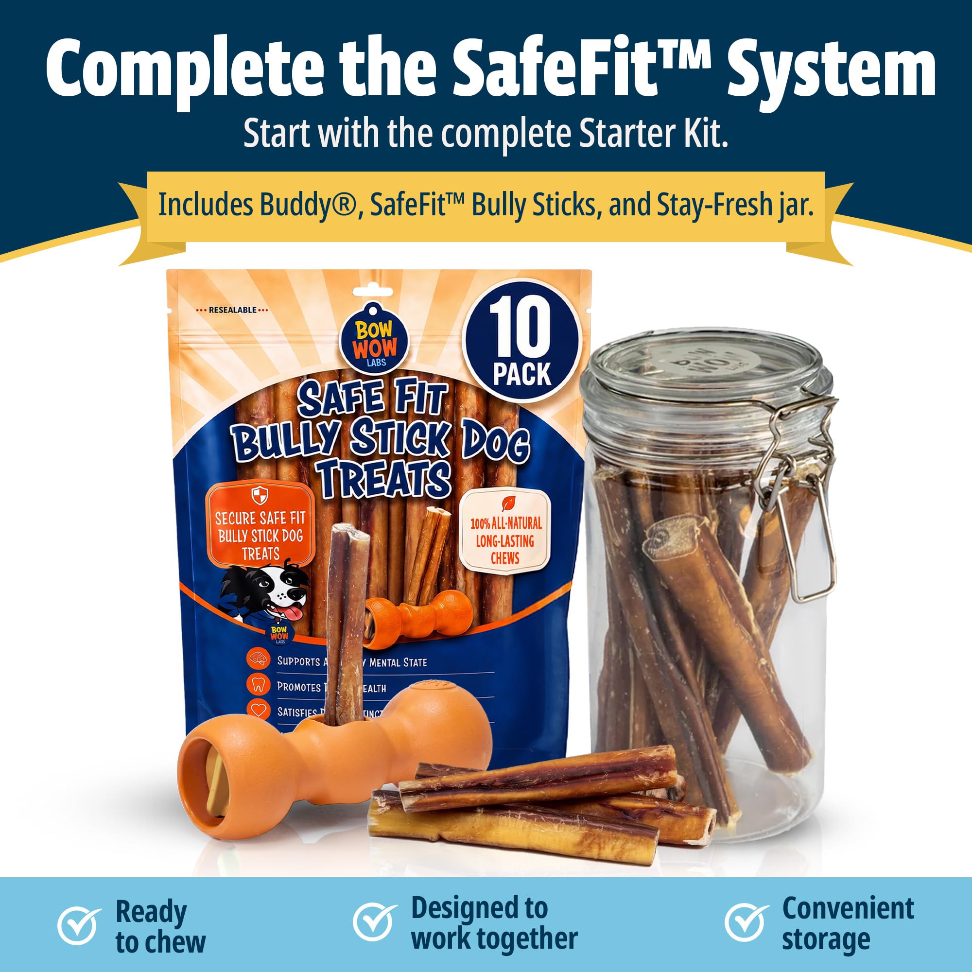 Bow Wow Labs Buddy avec SafeFit Bully Stick démontrant installation facile