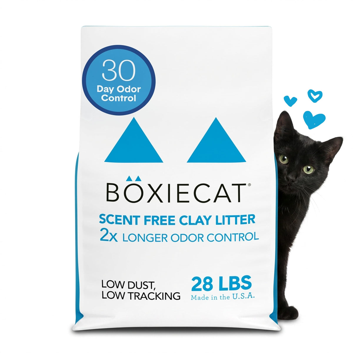 Boxiecat emballage 28 lb montrant le sac et bénéfice longue durée