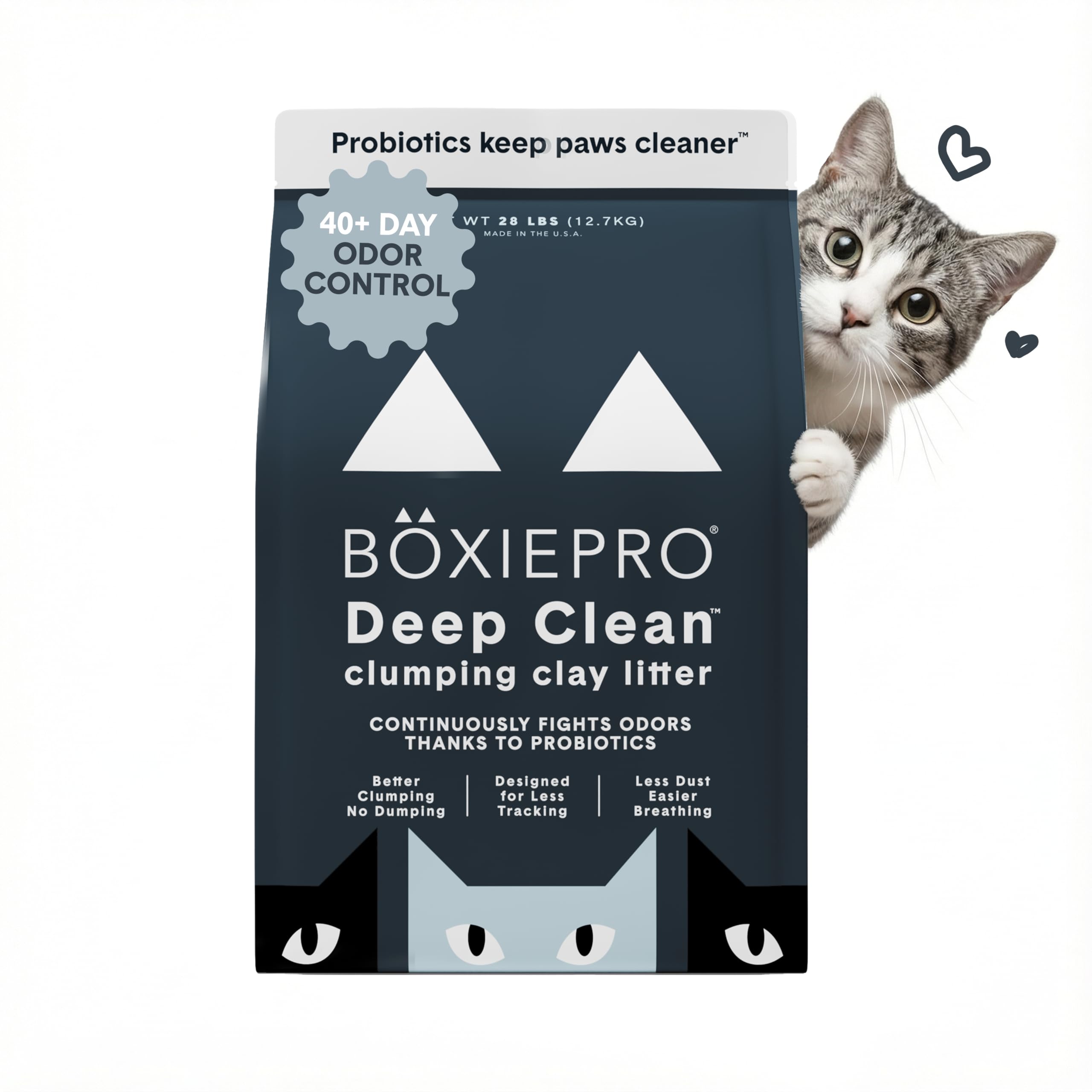 BoxiePro emballage avant montrant sac 28 lb et bénéfice longévité
