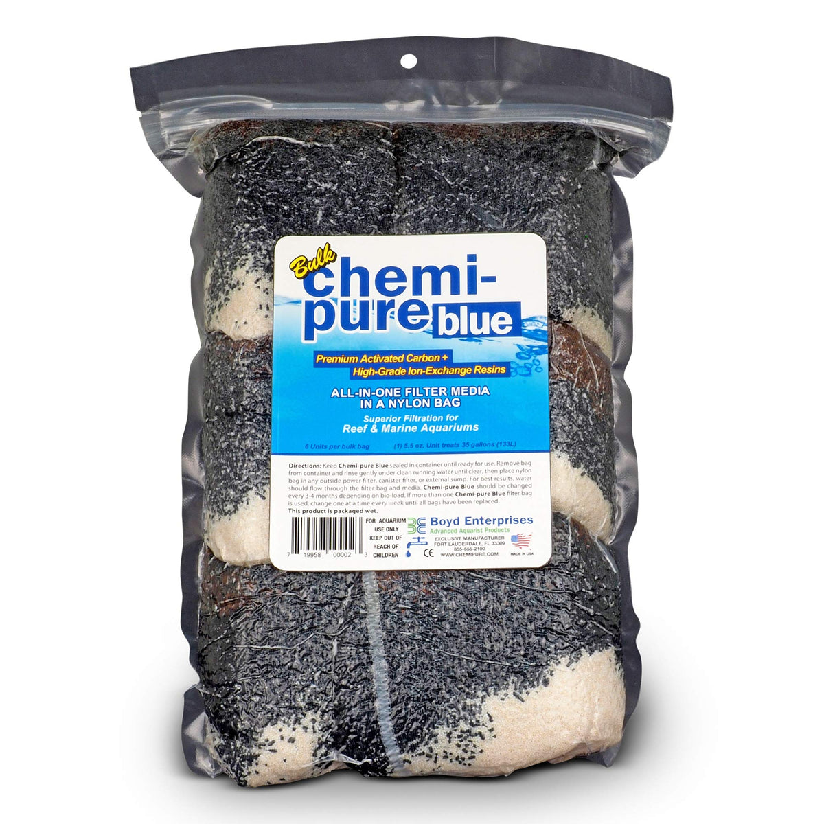 Boyd Chemi‑Pure Blue emballage avant montrant sachet prêt à l'emploi et gain de temps
