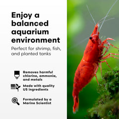 Brightwell Aquatics étiquette détaillée de Shrimp Prep, informations de dosage et composition utiles