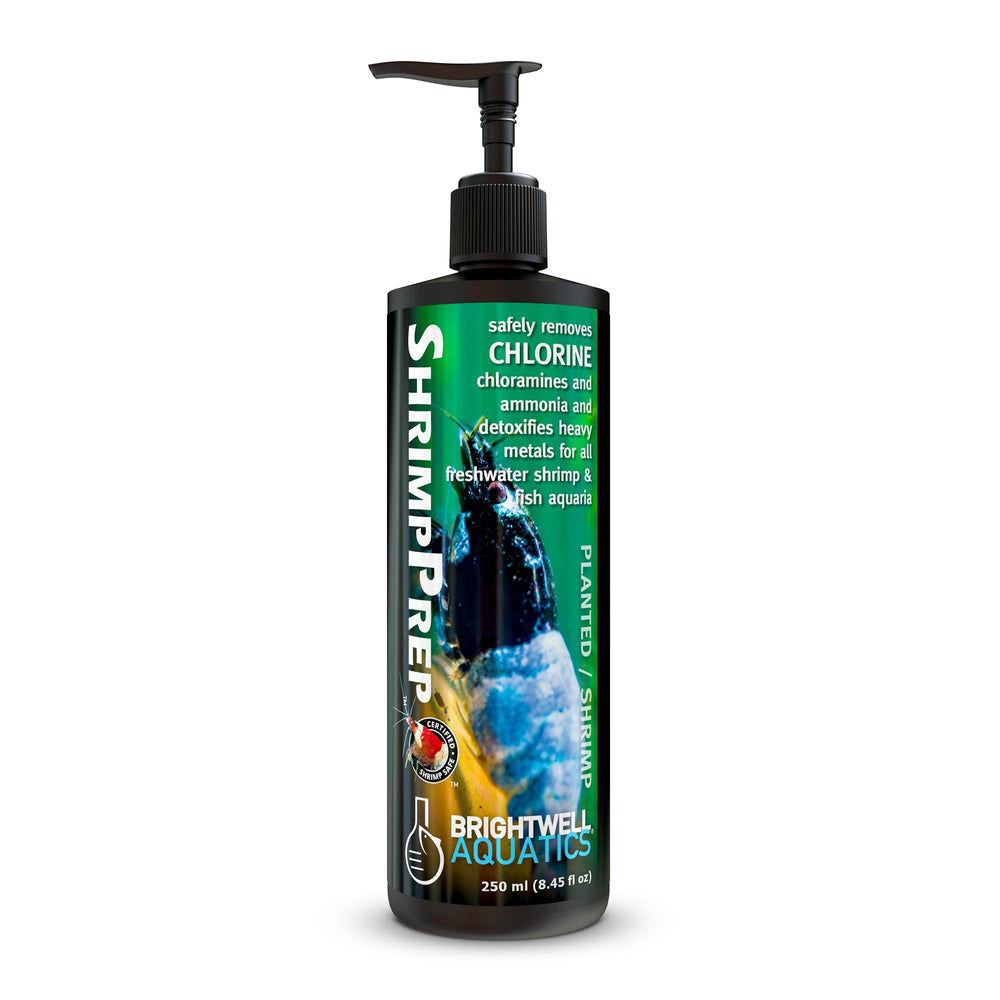 Brightwell Aquatics flacon 250ml Shrimp Prep montrant l'étiquette, sécurise l'eau du robinet